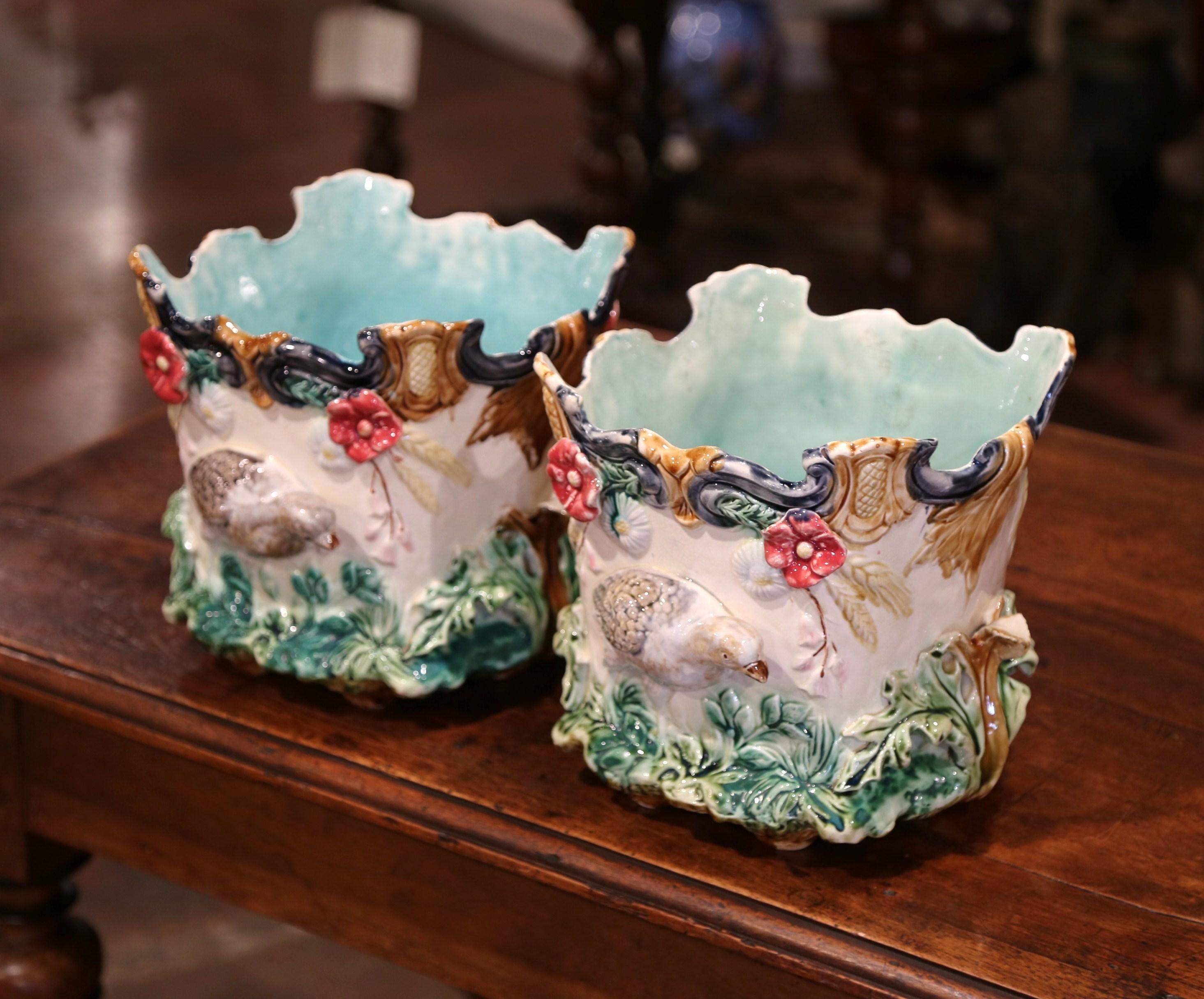 Pair of 19th Century French Barbotine Cachepots with Bird and Floral Decor 5