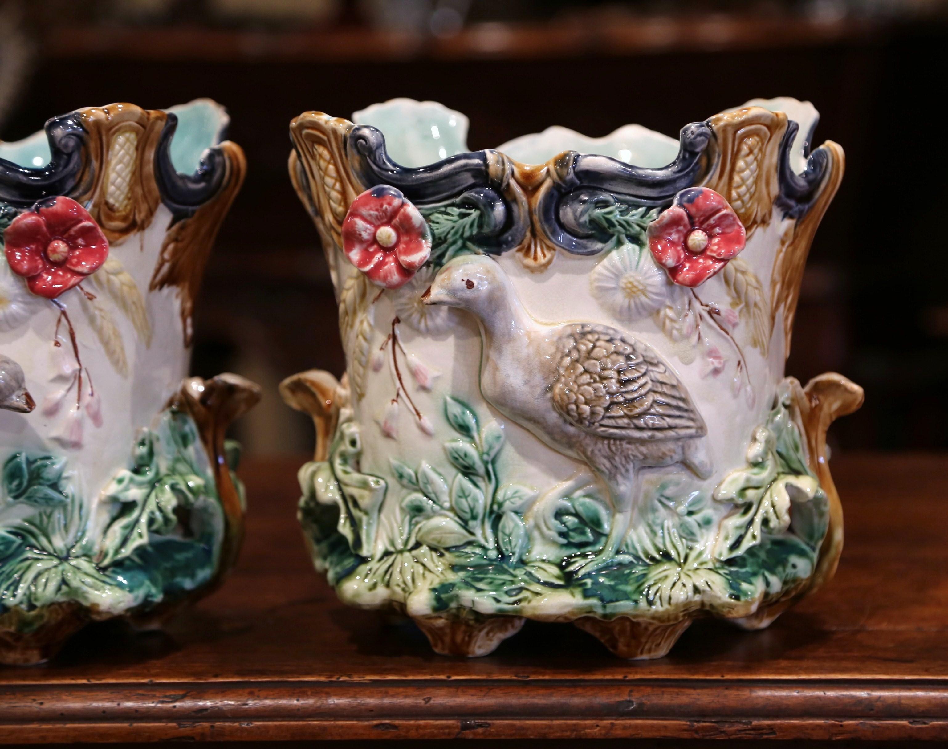Hand-Crafted Pair of 19th Century French Barbotine Cachepots with Bird and Floral Decor