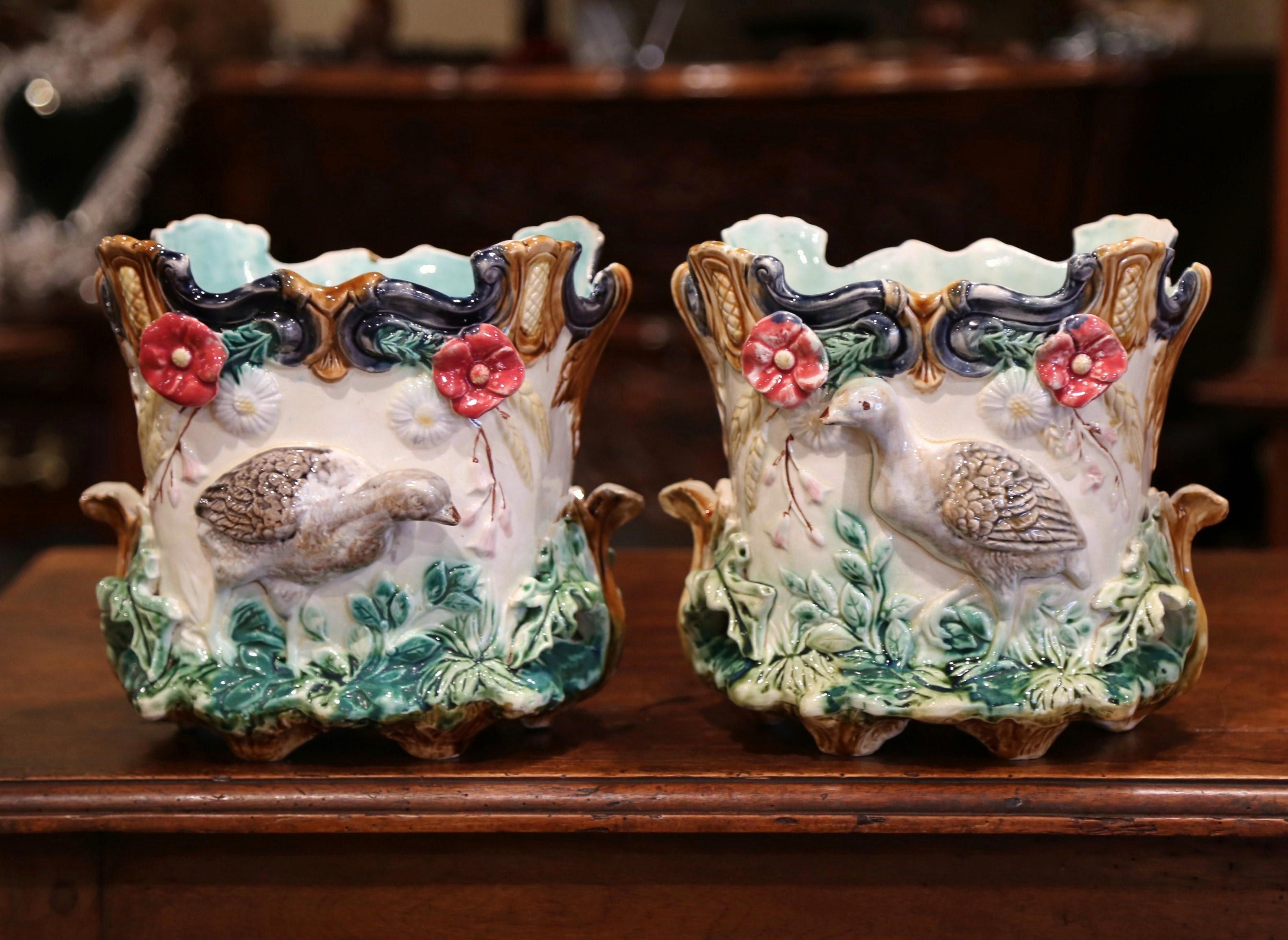 Ceramic Pair of 19th Century French Barbotine Cachepots with Bird and Floral Decor