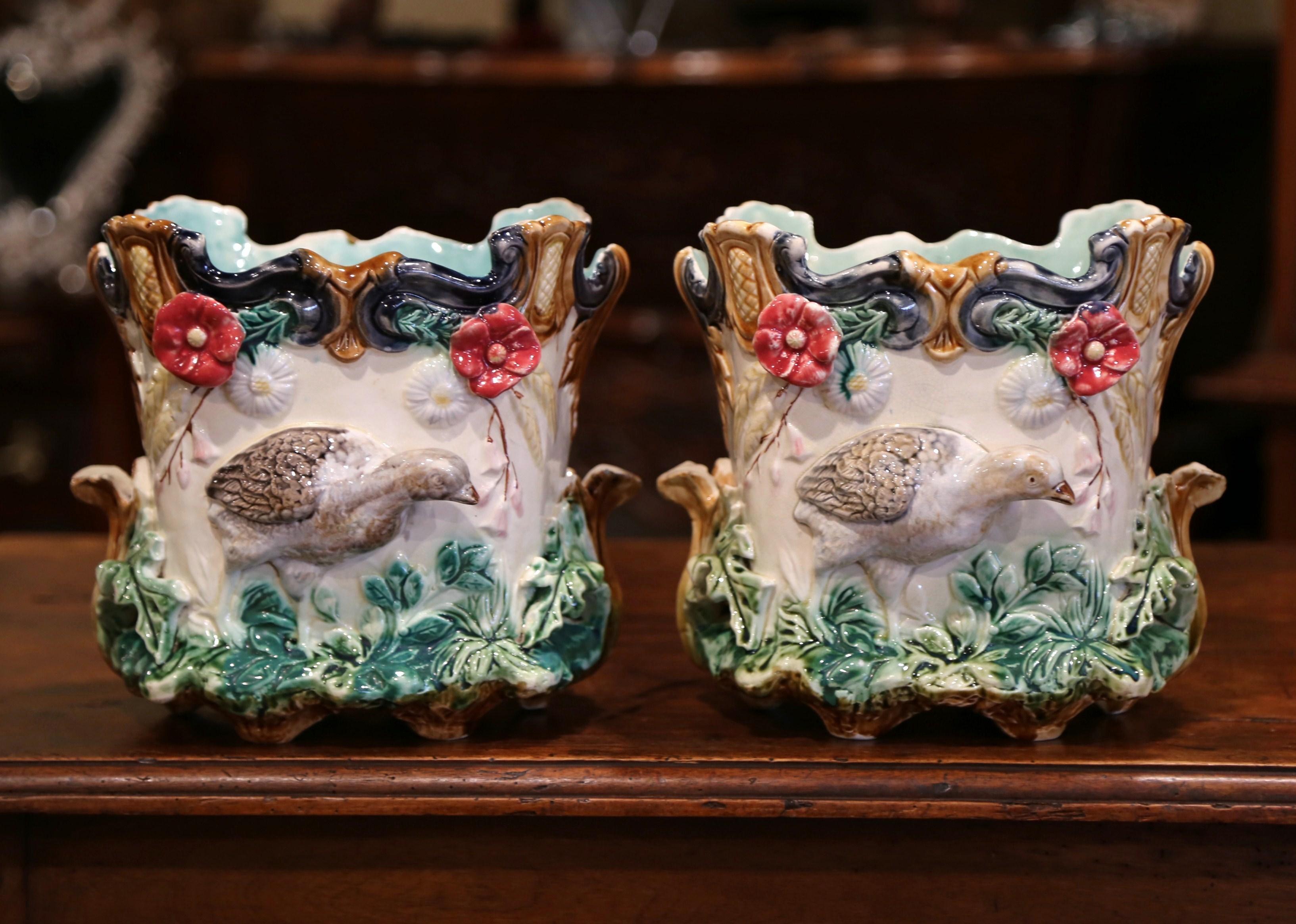 Pair of 19th Century French Barbotine Cachepots with Bird and Floral Decor 1