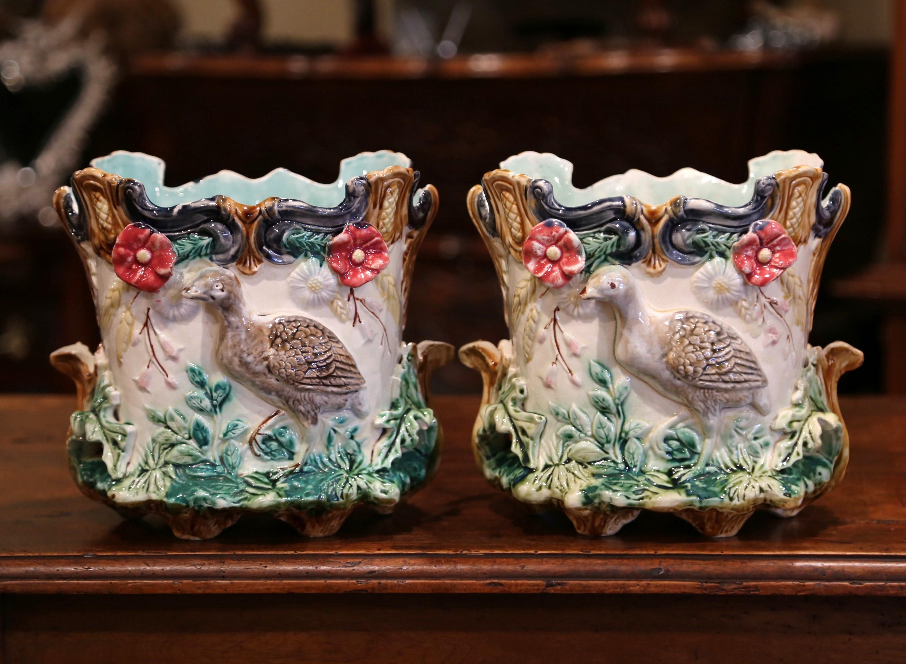 Pair of 19th Century French Barbotine Cachepots with Bird and Floral Decor 2
