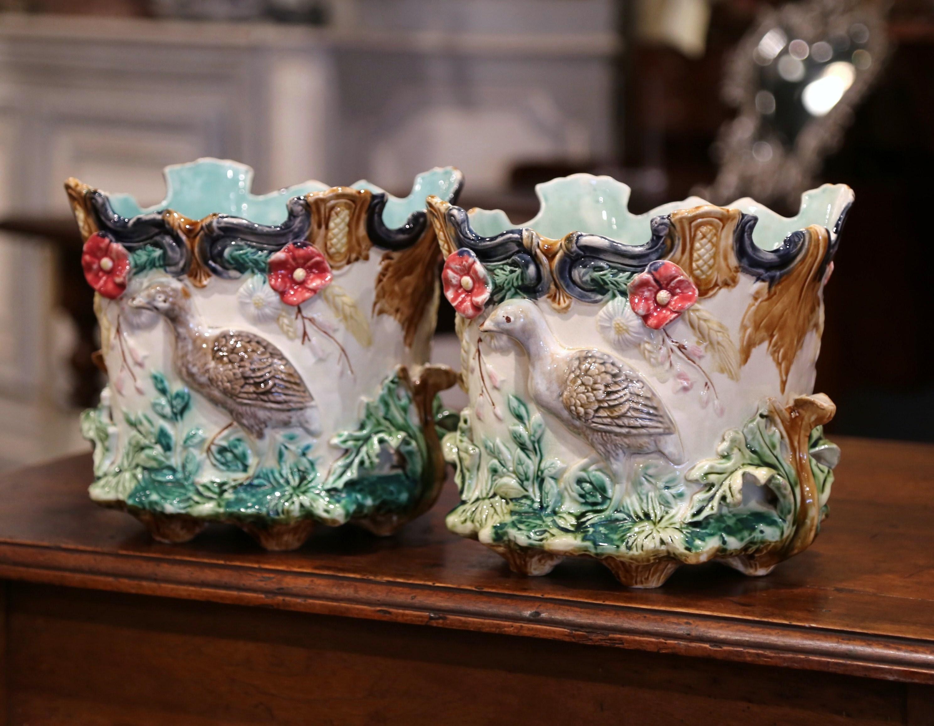 Pair of 19th Century French Barbotine Cachepots with Bird and Floral Decor 3