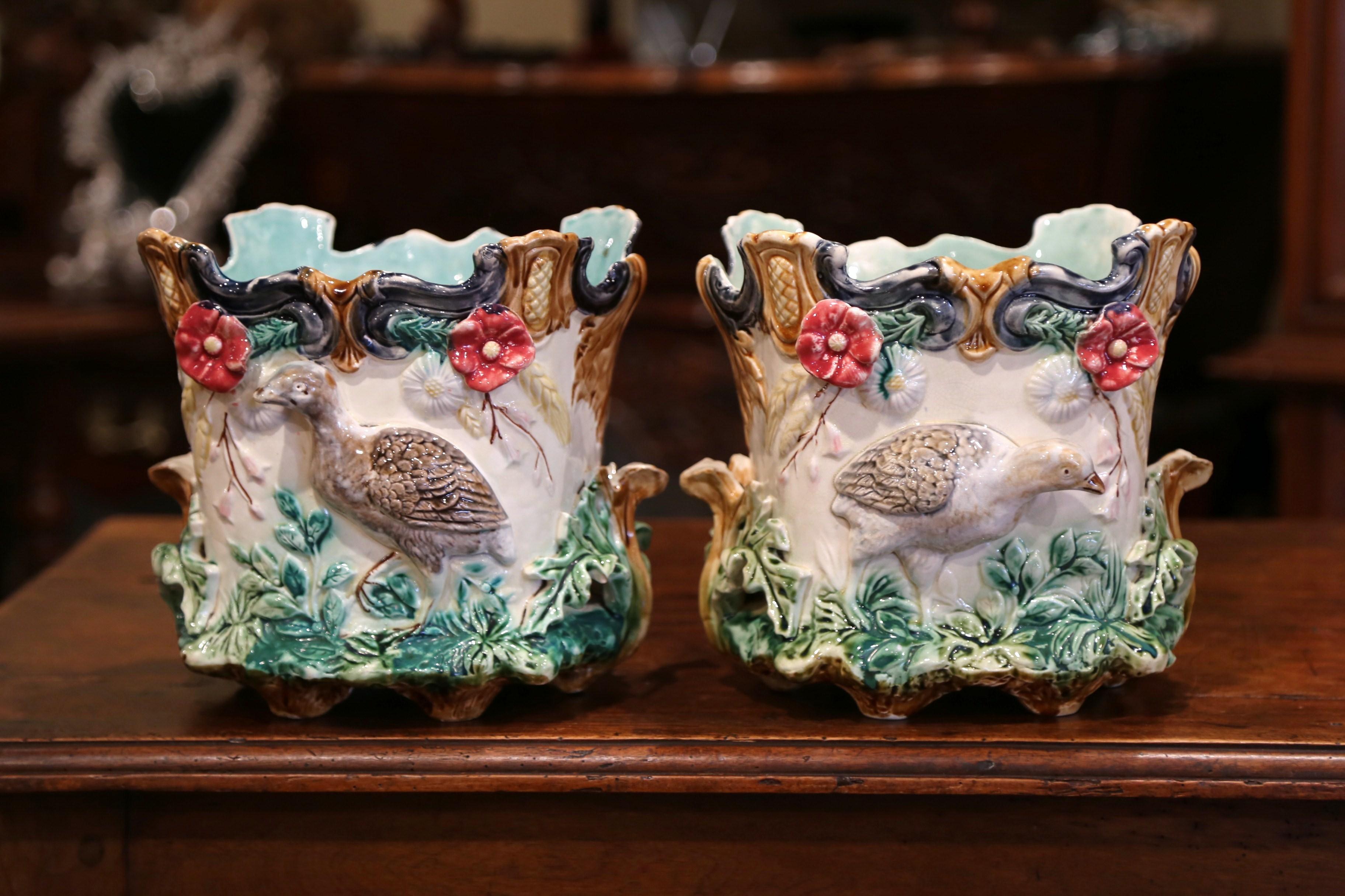 Pair of 19th Century French Barbotine Cachepots with Bird and Floral Decor 4