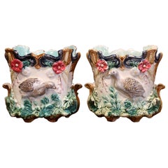 Pair of 19th Century French Barbotine Cachepots with Bird and Floral Decor