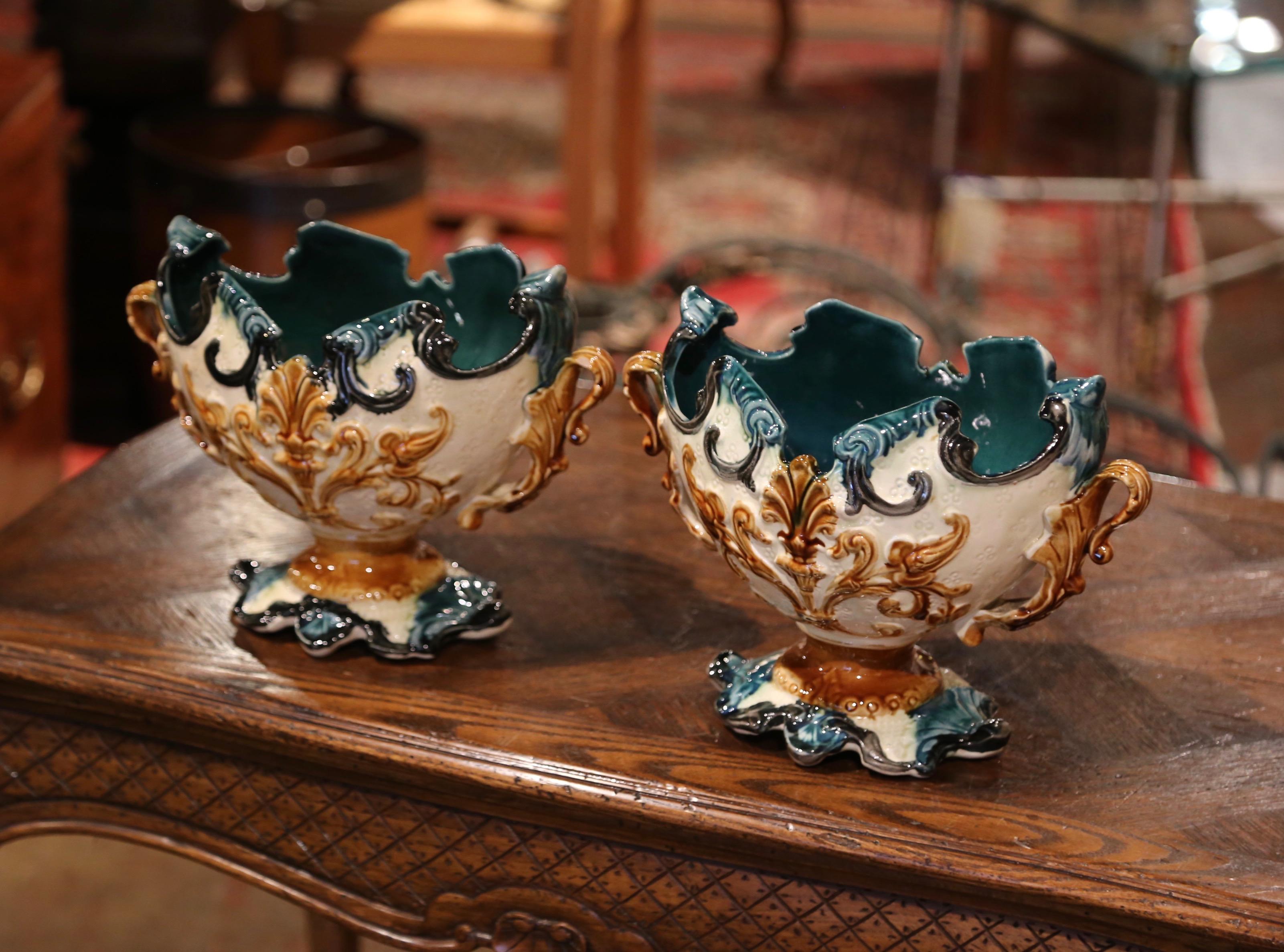 Hand-Crafted Pair of 19th Century French Barbotine Cachepots with Dry Floral Arrangements