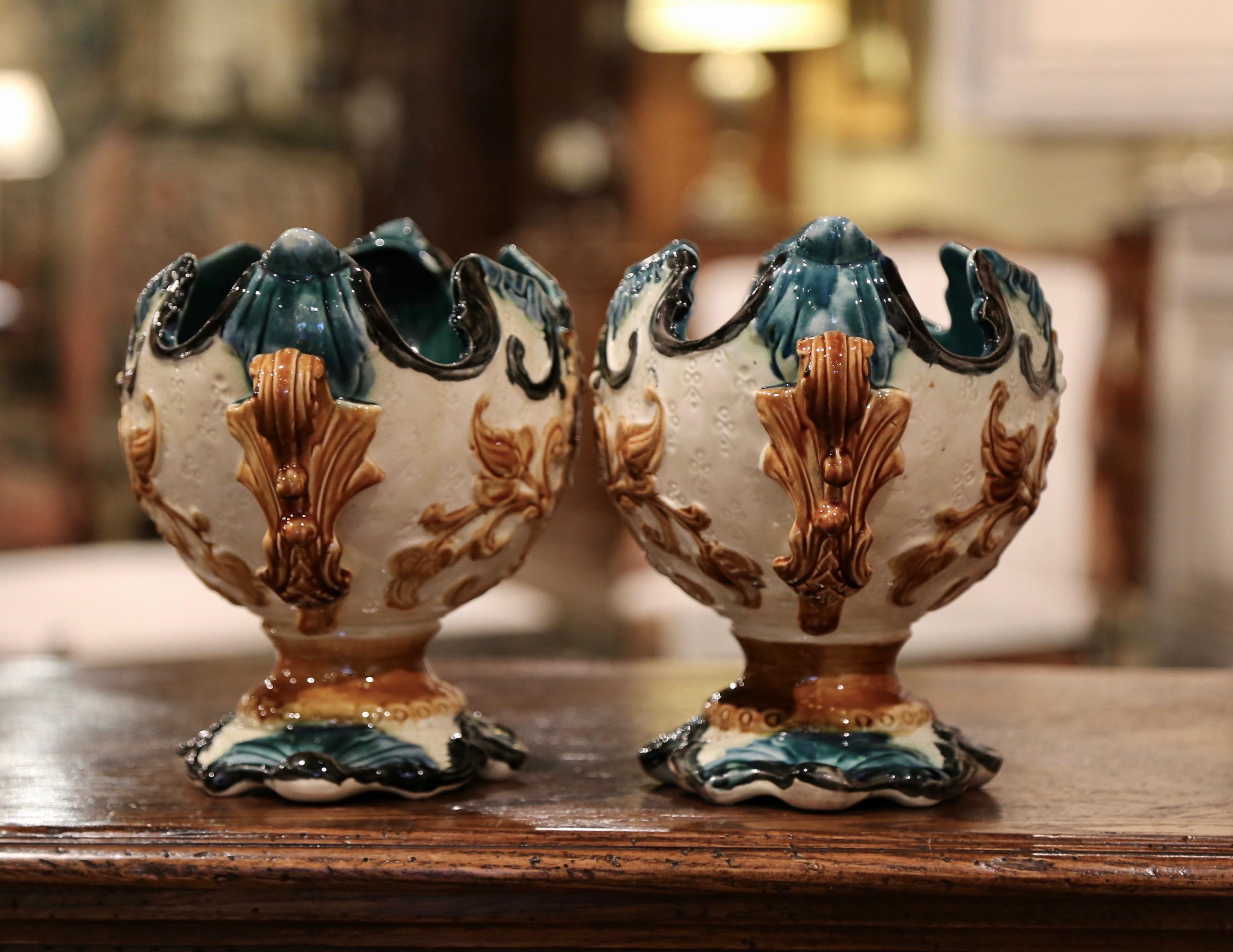 Ceramic Pair of 19th Century French Barbotine Cachepots with Dry Floral Arrangements