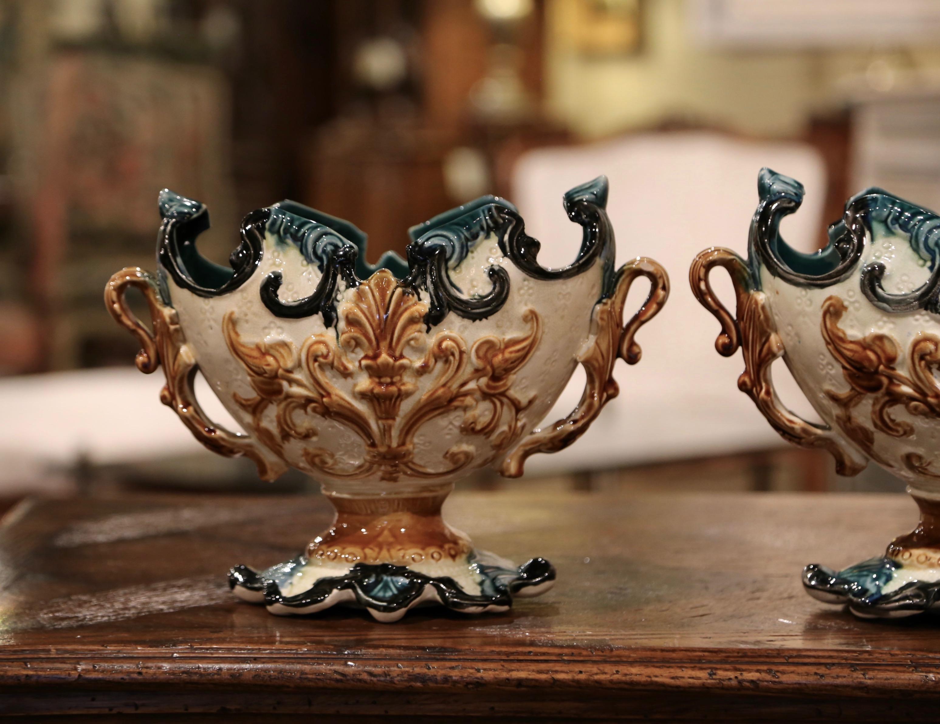Pair of 19th Century French Barbotine Cachepots with Dry Floral Arrangements 1