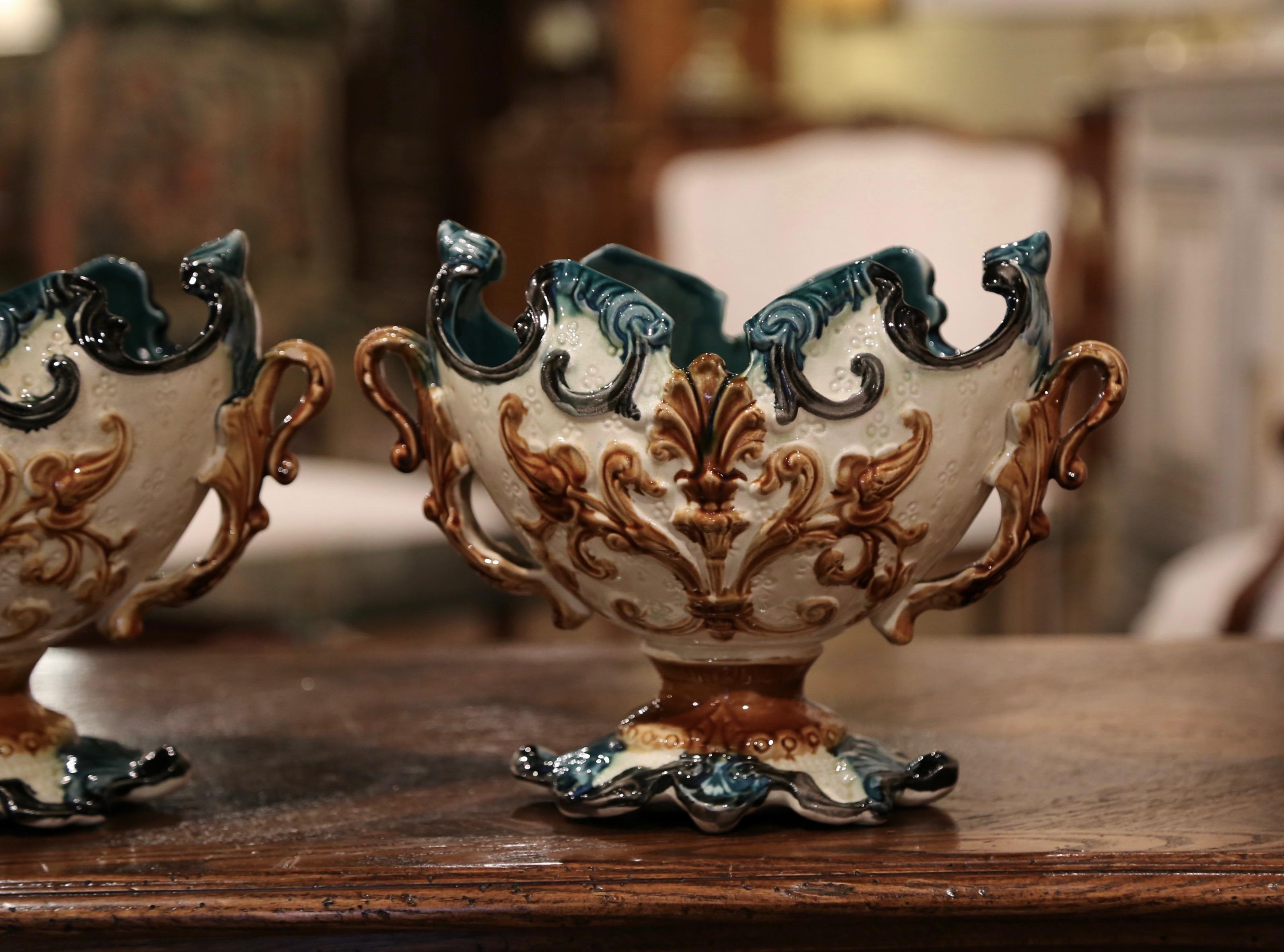 Pair of 19th Century French Barbotine Cachepots with Dry Floral Arrangements 2