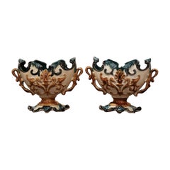 Pair of 19th Century French Barbotine Cachepots with Dry Floral Arrangements