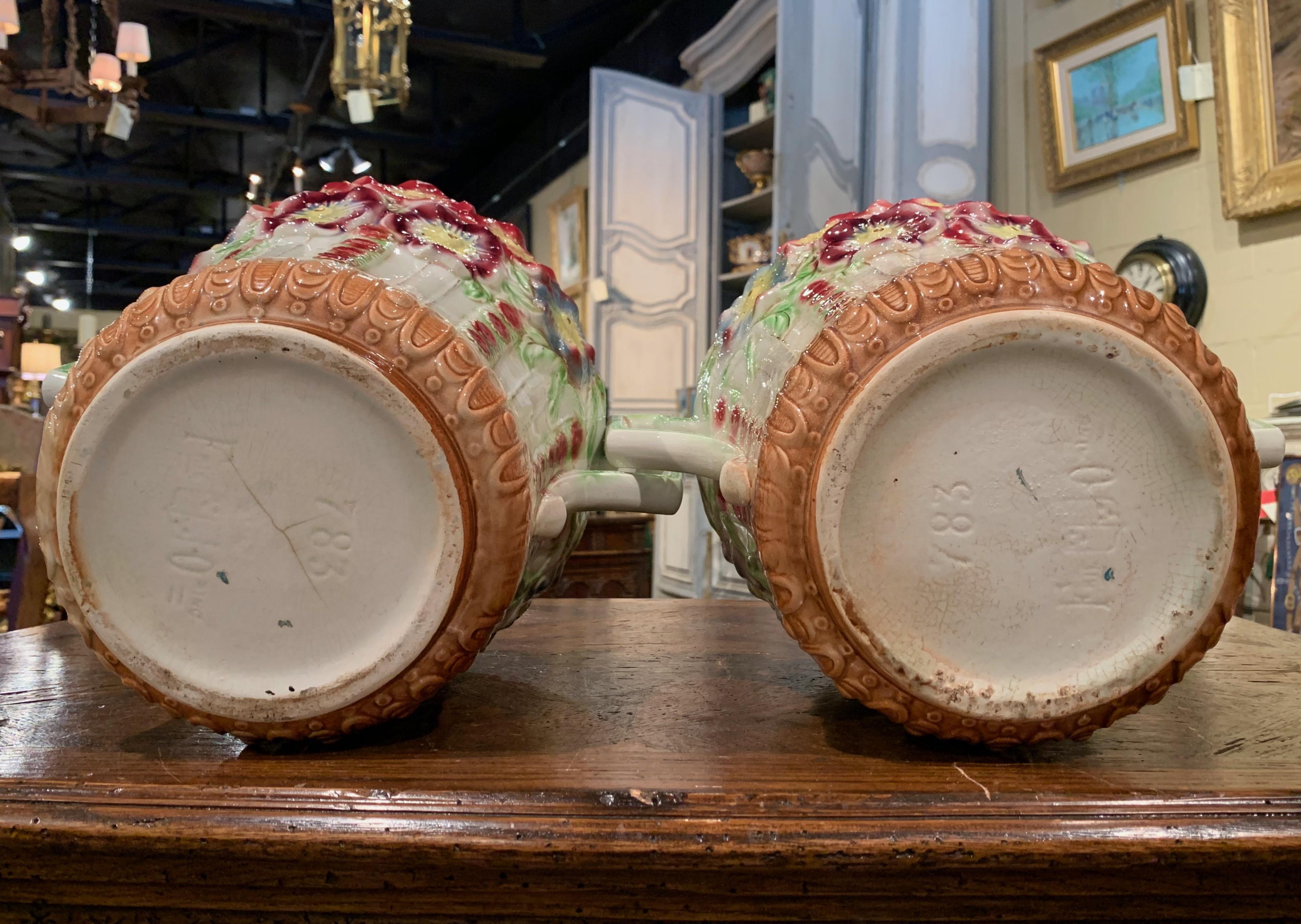 Pair of 19th Century French Barbotine Cachepots with Floral Motifs by Onnaing 5