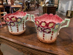 Pair of 19th Century French Barbotine Cachepots with Floral Motifs by Onnaing