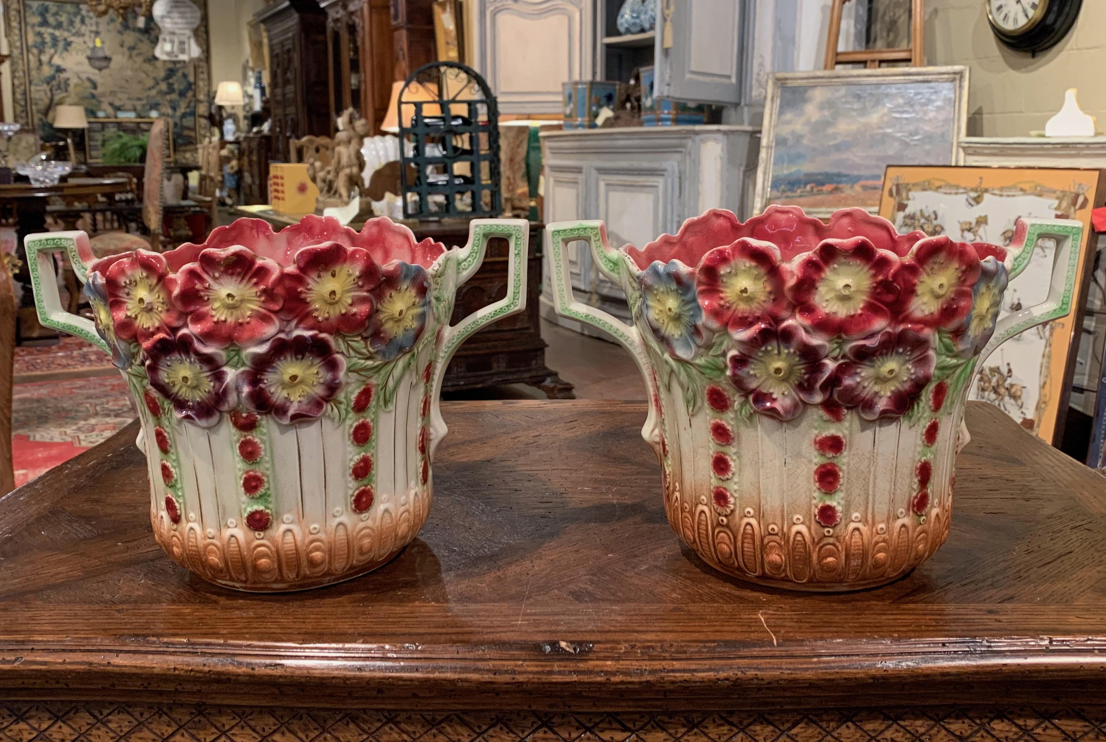 Ceramic Pair of 19th Century French Barbotine Cachepots with Floral Motifs by Onnaing