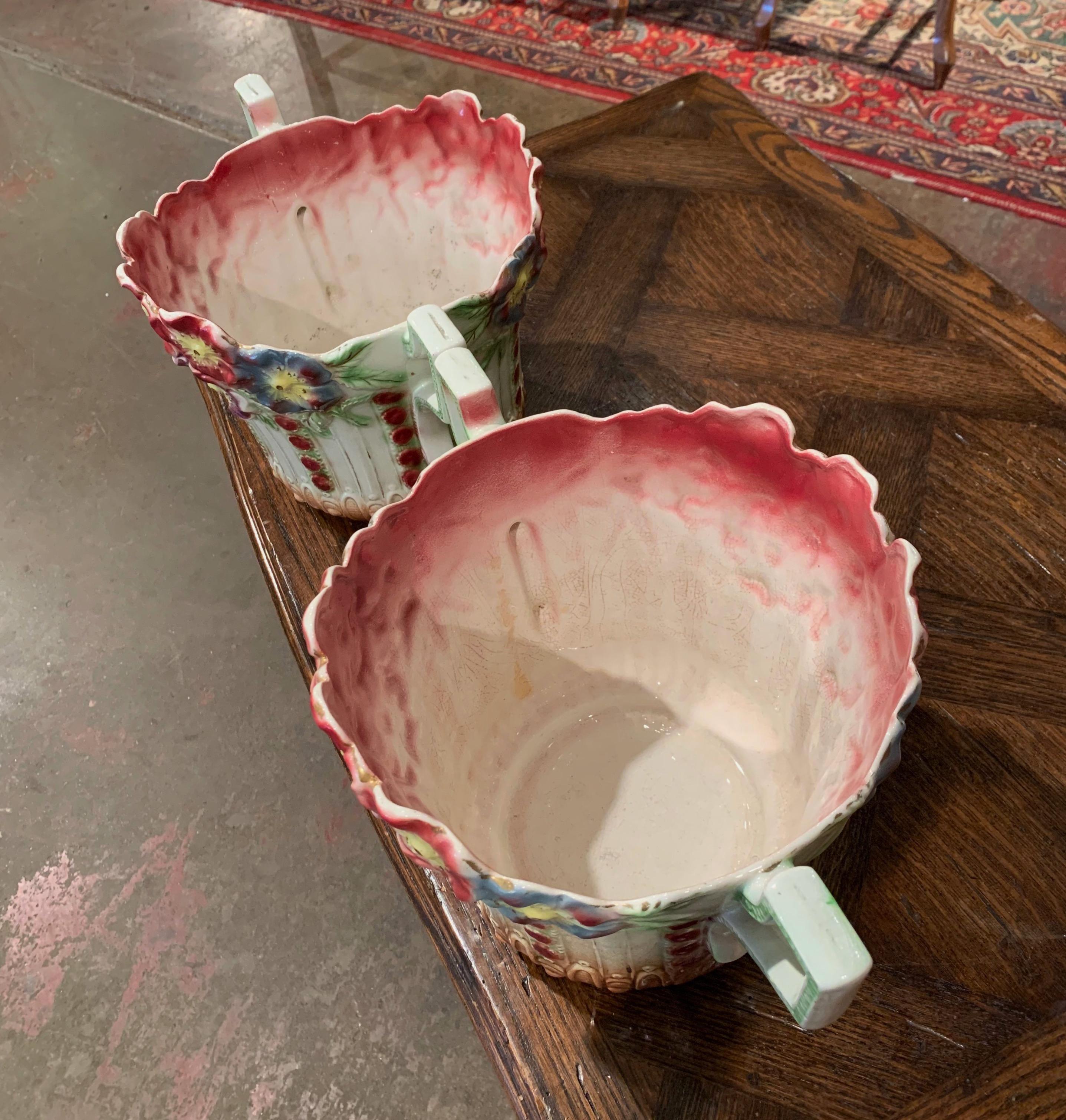 Pair of 19th Century French Barbotine Cachepots with Floral Motifs by Onnaing 1