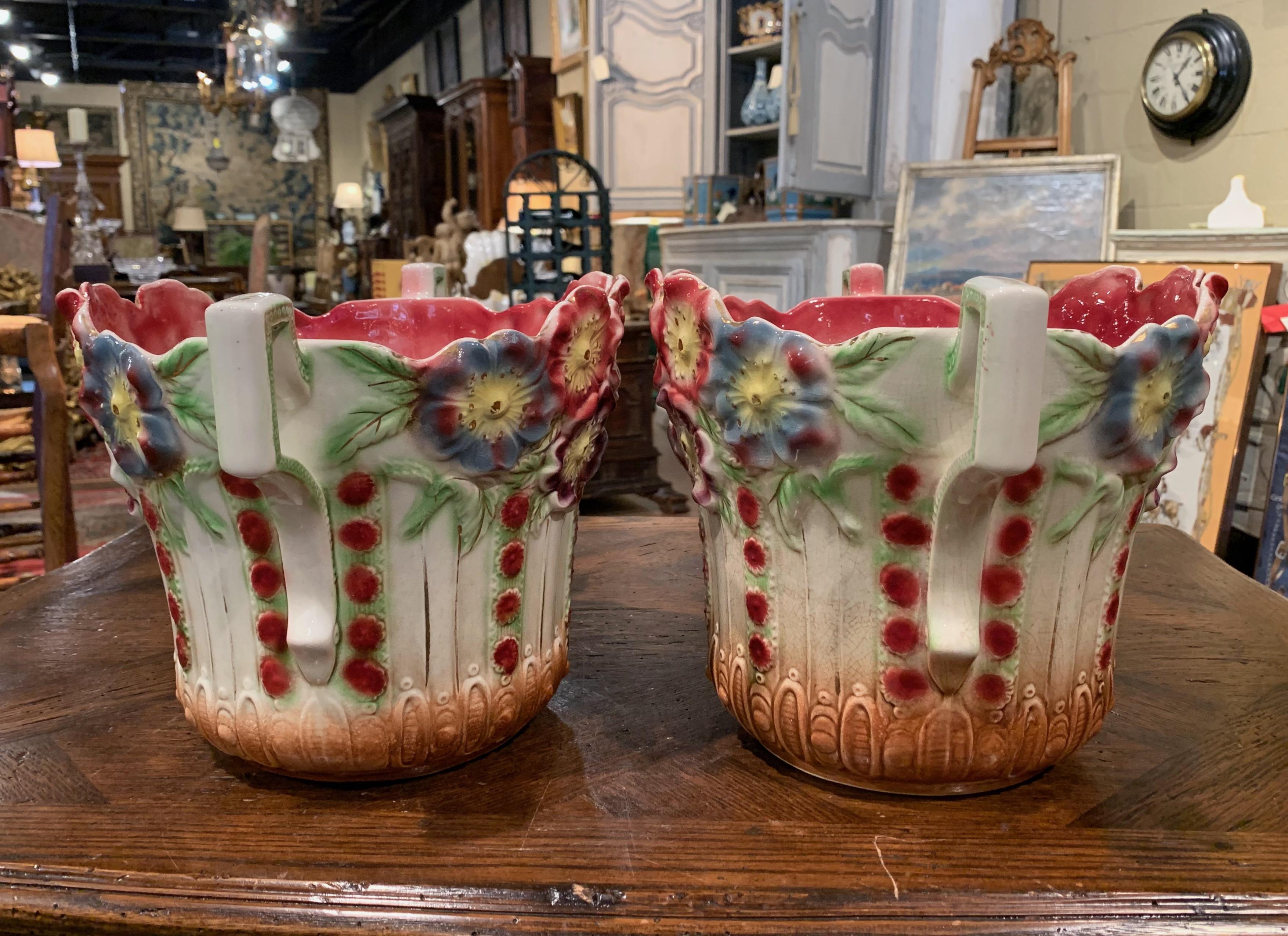 Pair of 19th Century French Barbotine Cachepots with Floral Motifs by Onnaing 2