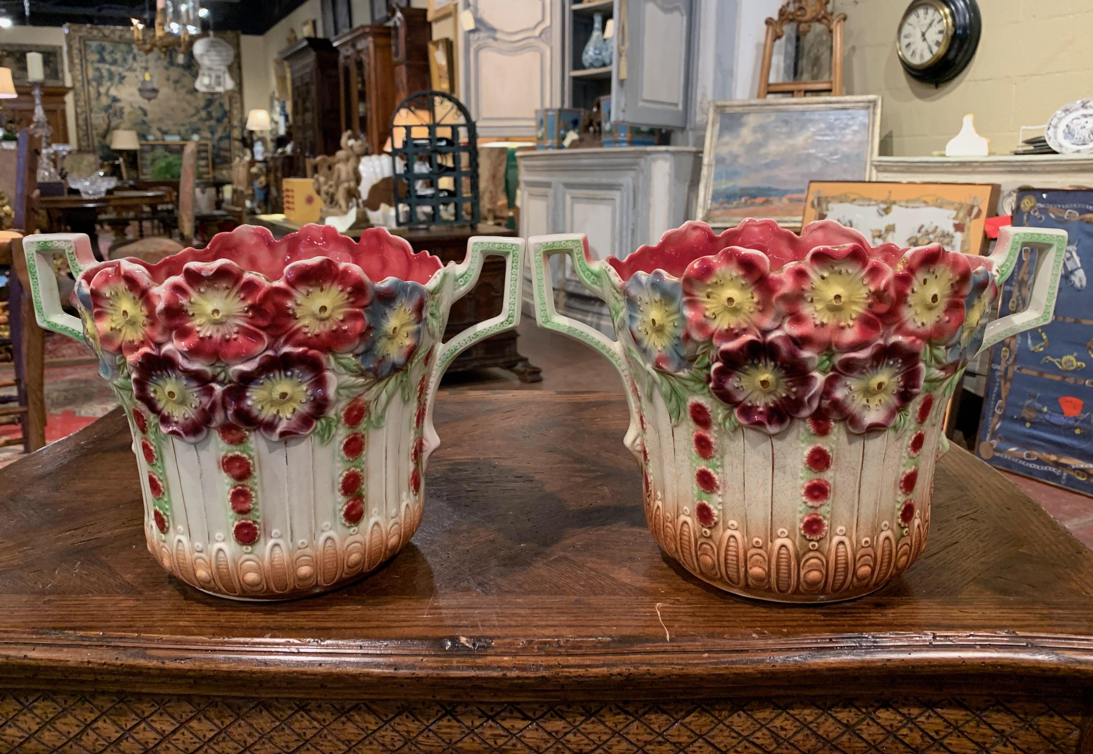 Pair of 19th Century French Barbotine Cachepots with Floral Motifs by Onnaing 4