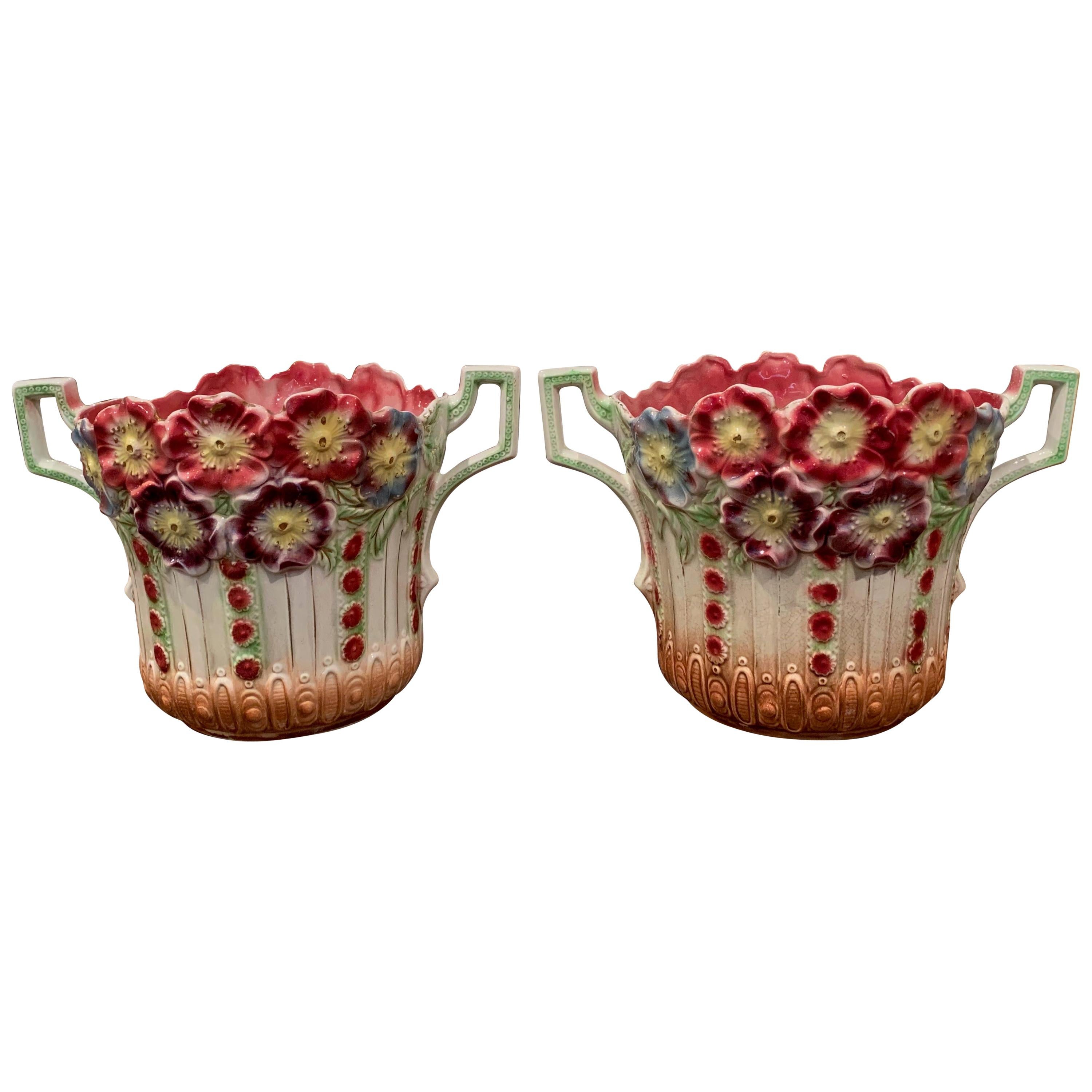 Pair of 19th Century French Barbotine Cachepots with Floral Motifs by Onnaing