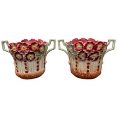 Antique Pair of 19th Century French Barbotine Cachepots with Floral Motifs by Onnaing