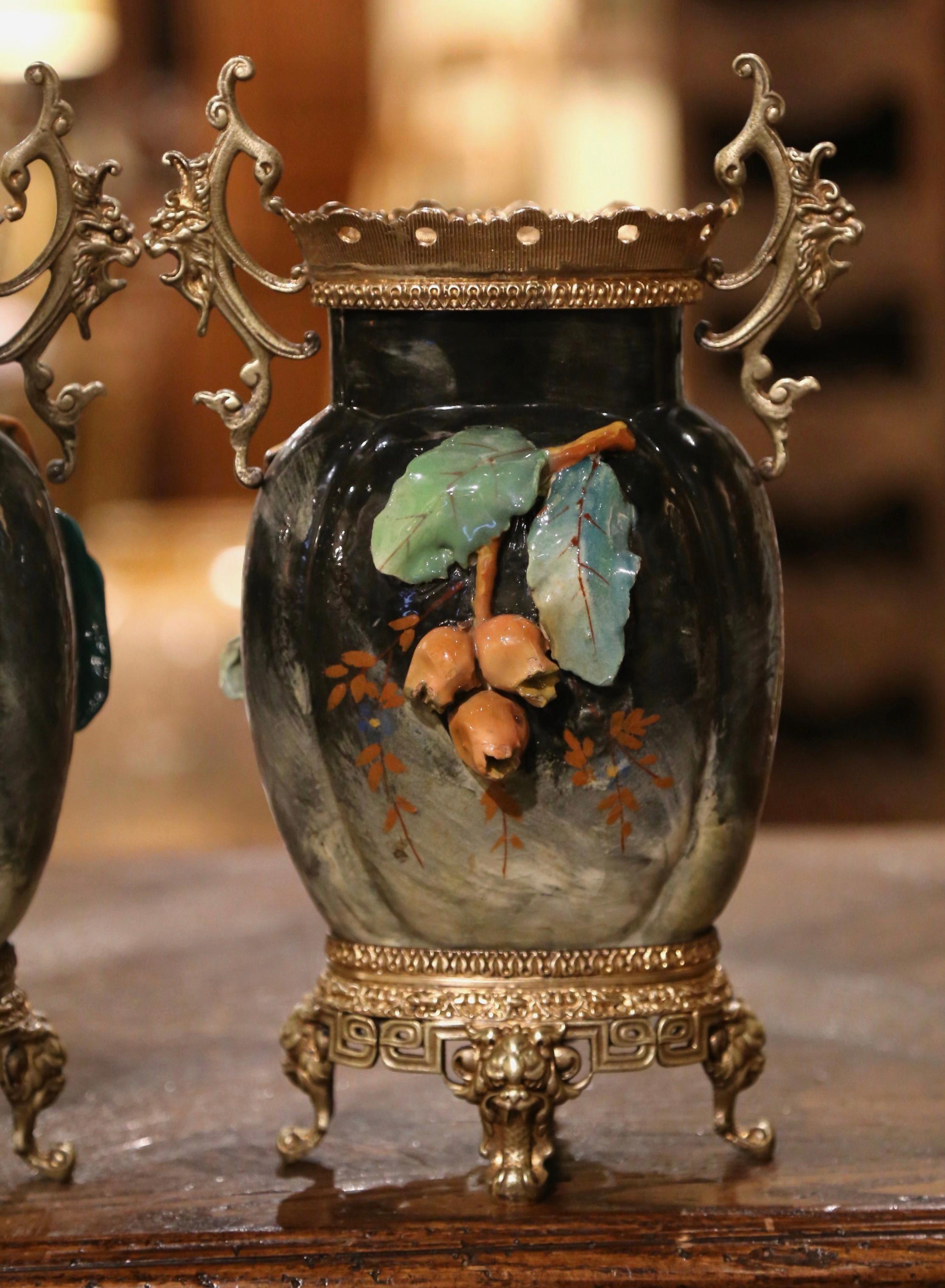 Pair of 19th Century French Barbotine Faience and Brass Vases from Montigny 4