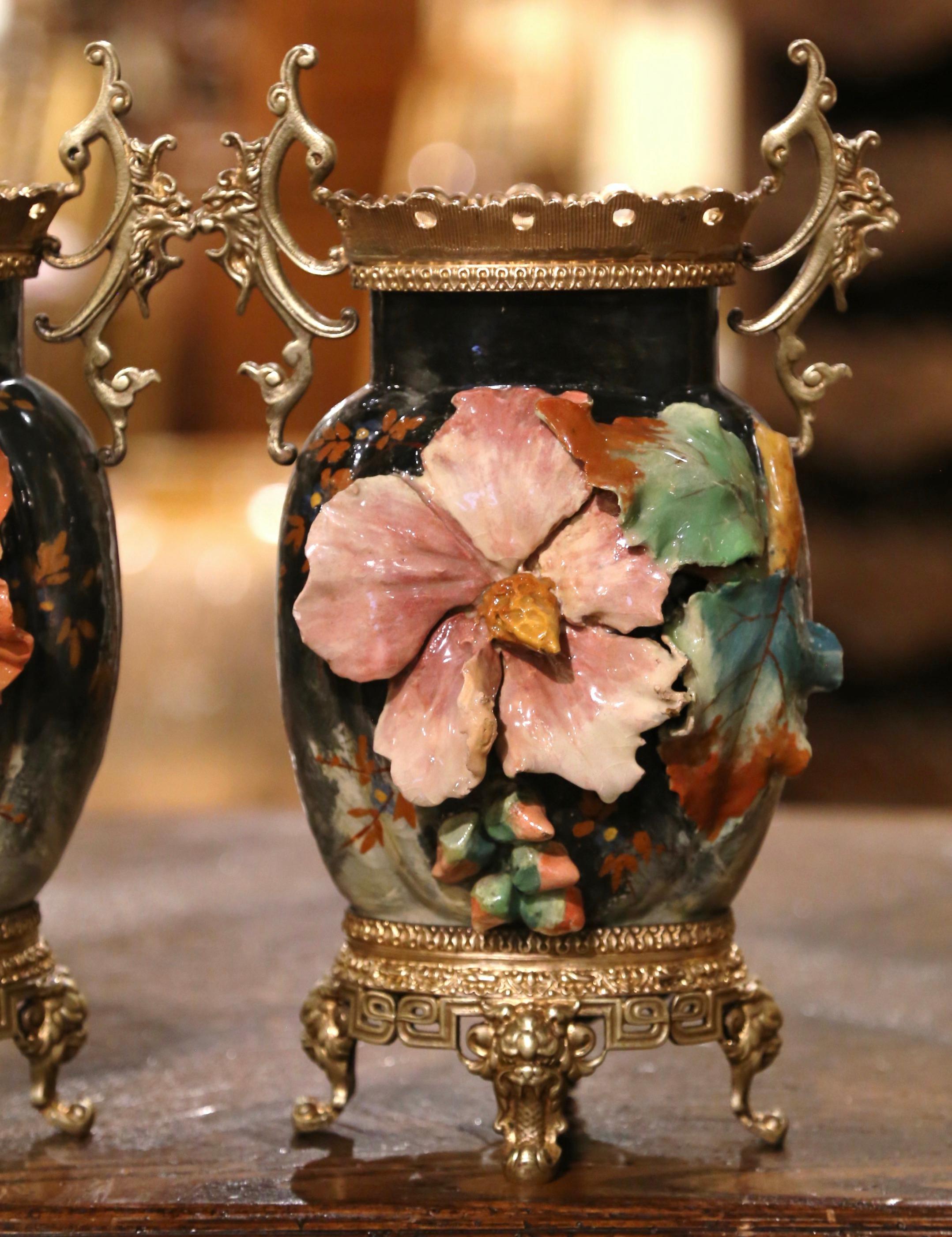 Hand-Carved Pair of 19th Century French Barbotine Faience and Brass Vases from Montigny