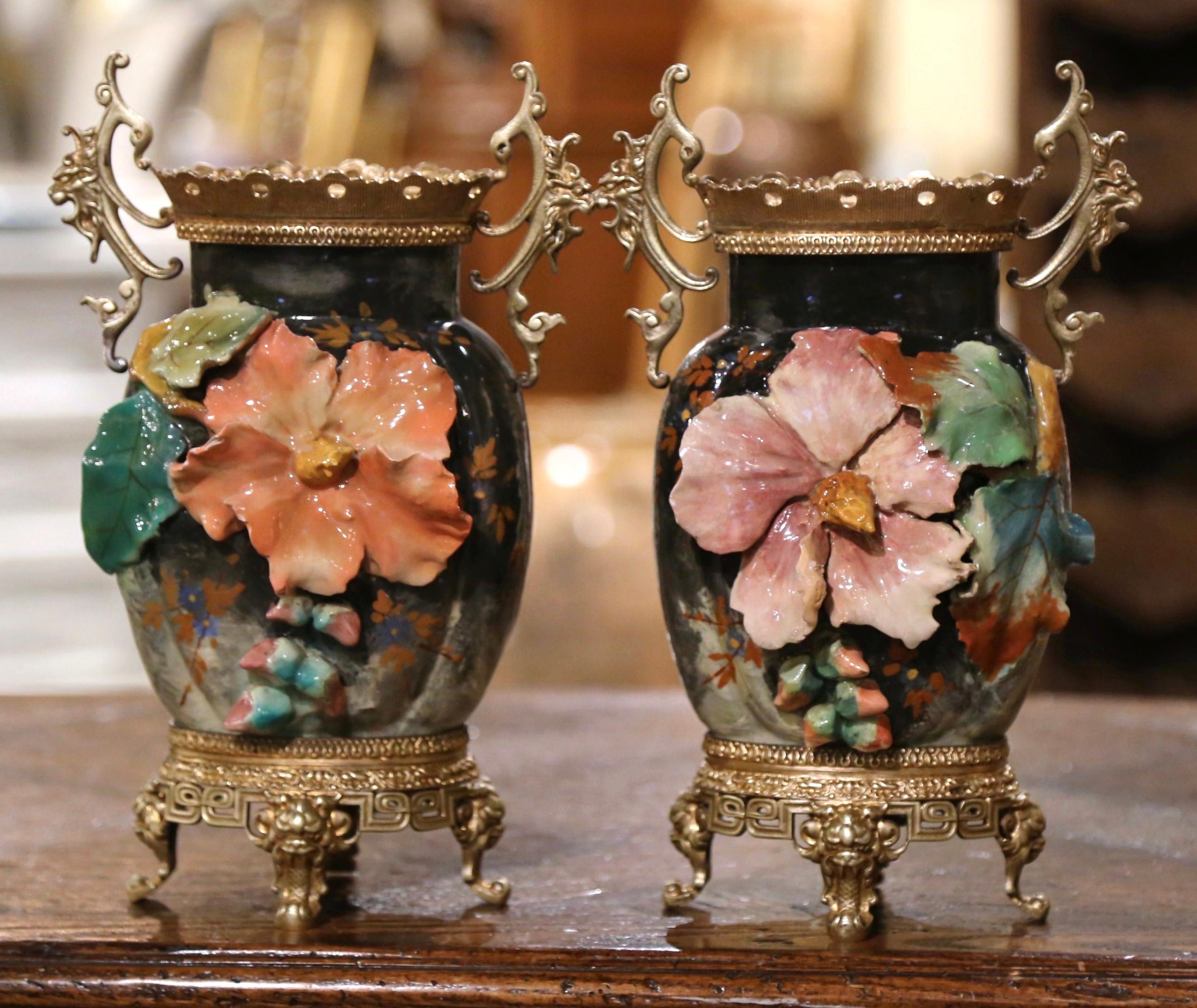 Pair of 19th Century French Barbotine Faience and Brass Vases from Montigny In Excellent Condition In Dallas, TX