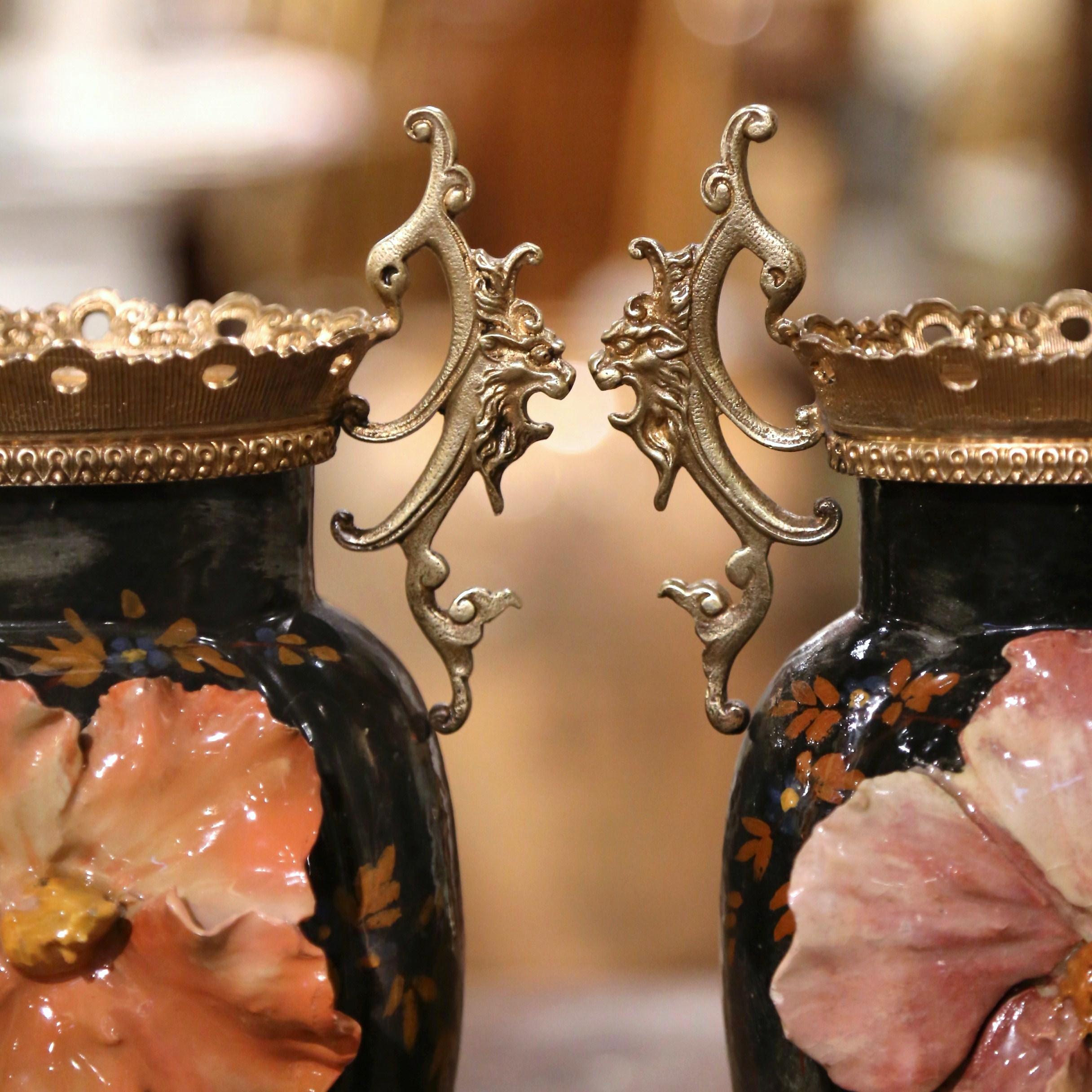 Bronze Pair of 19th Century French Barbotine Faience and Brass Vases from Montigny