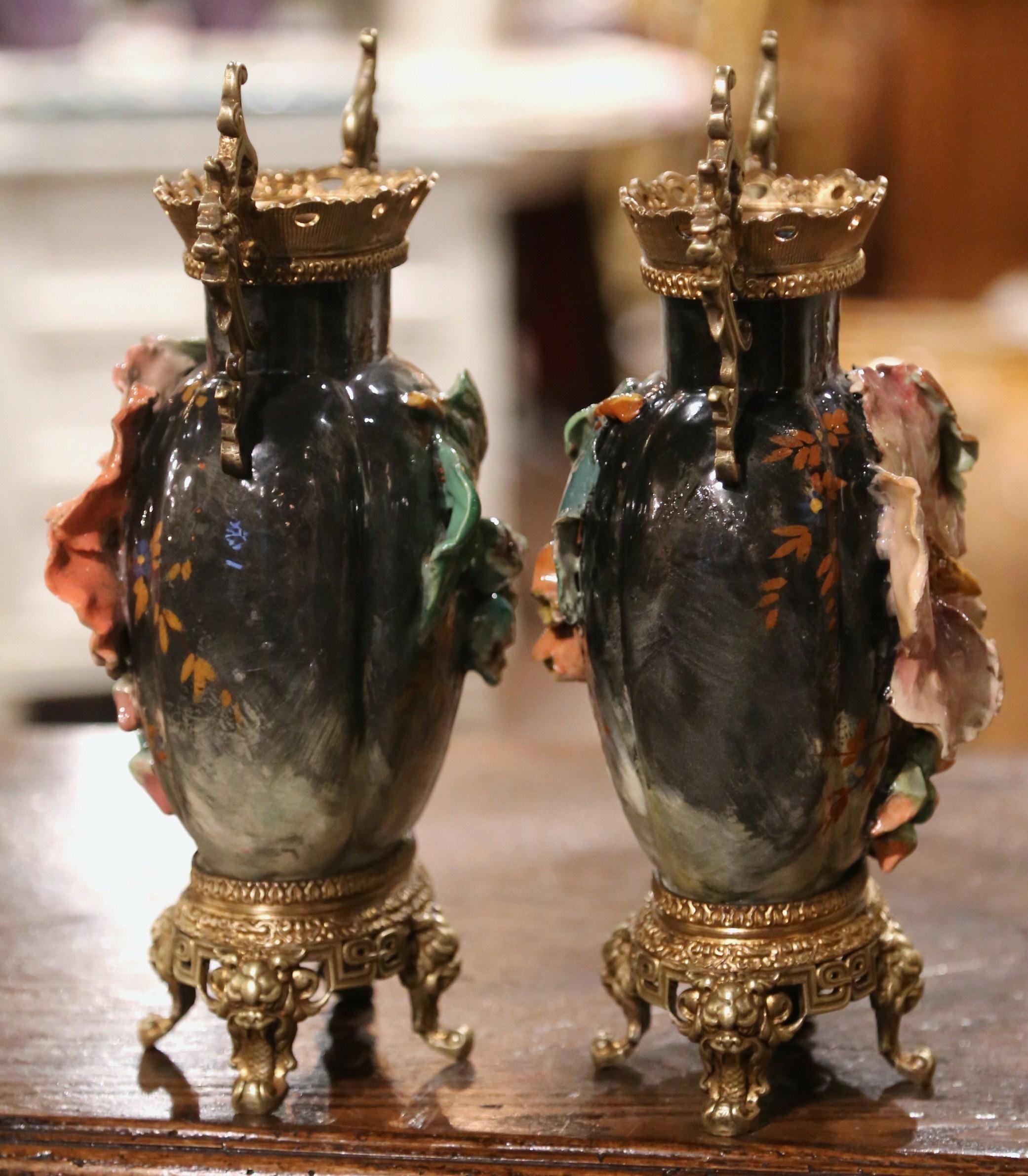 Pair of 19th Century French Barbotine Faience and Brass Vases from Montigny 1