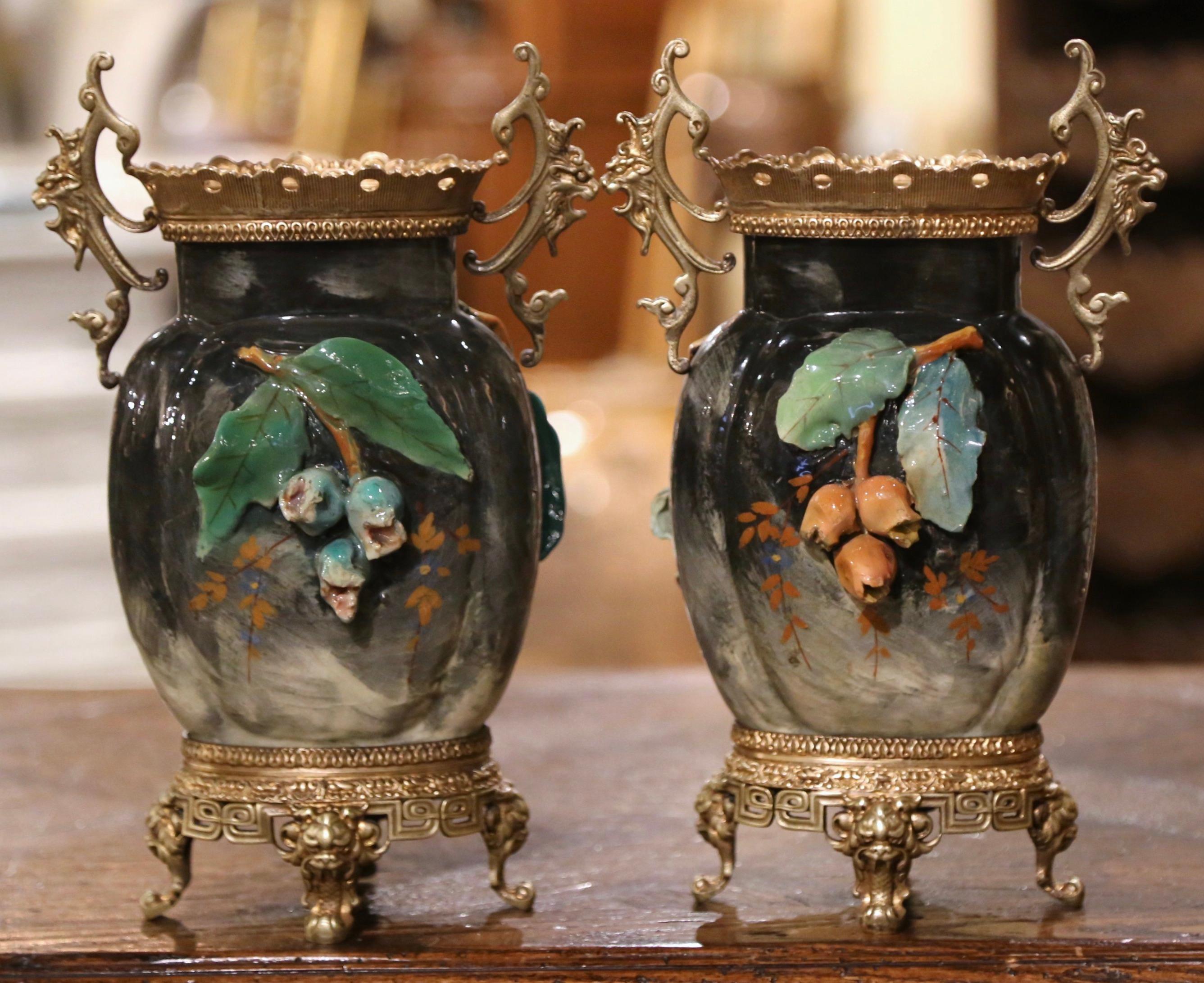 Pair of 19th Century French Barbotine Faience and Brass Vases from Montigny 2