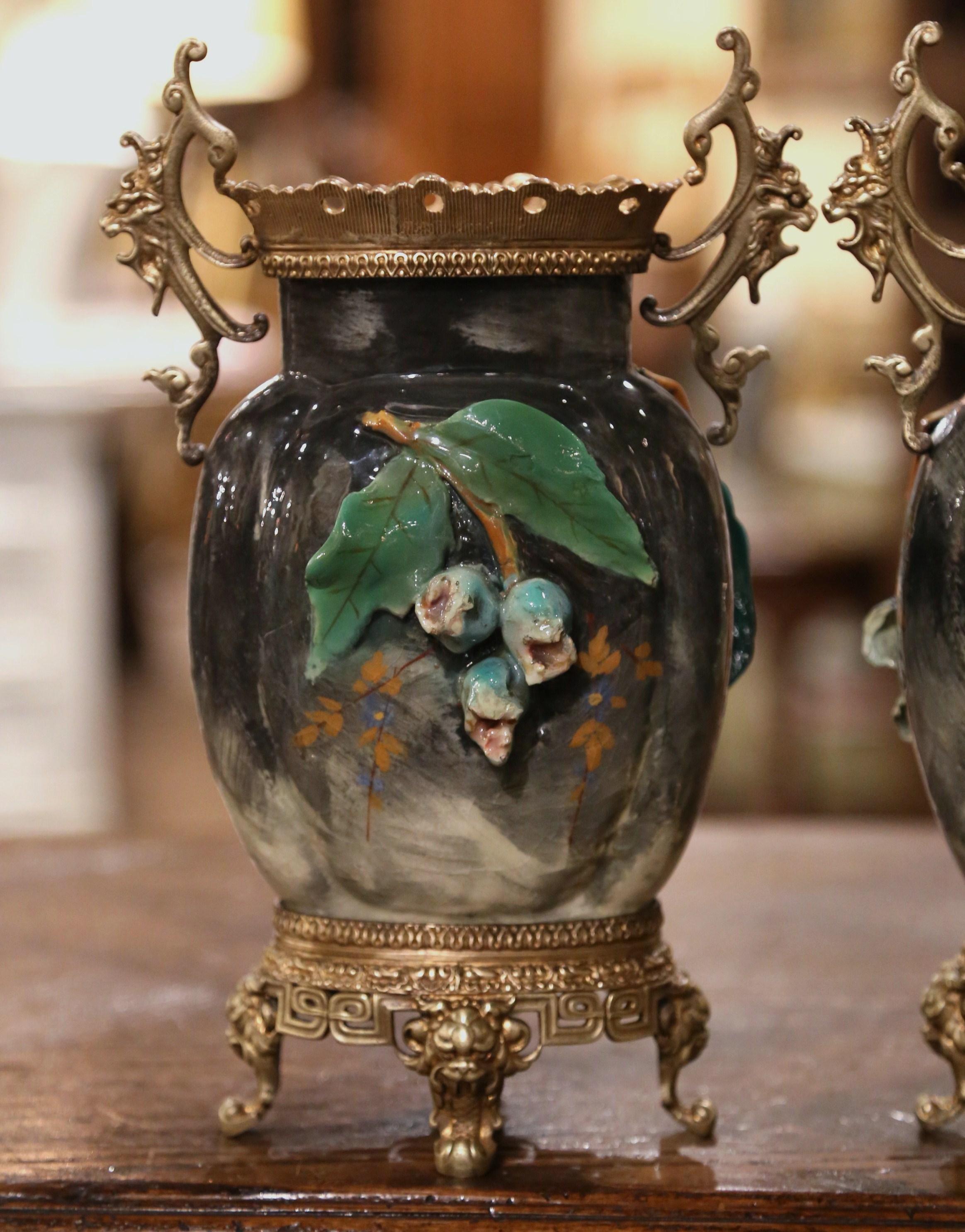 Pair of 19th Century French Barbotine Faience and Brass Vases from Montigny 3