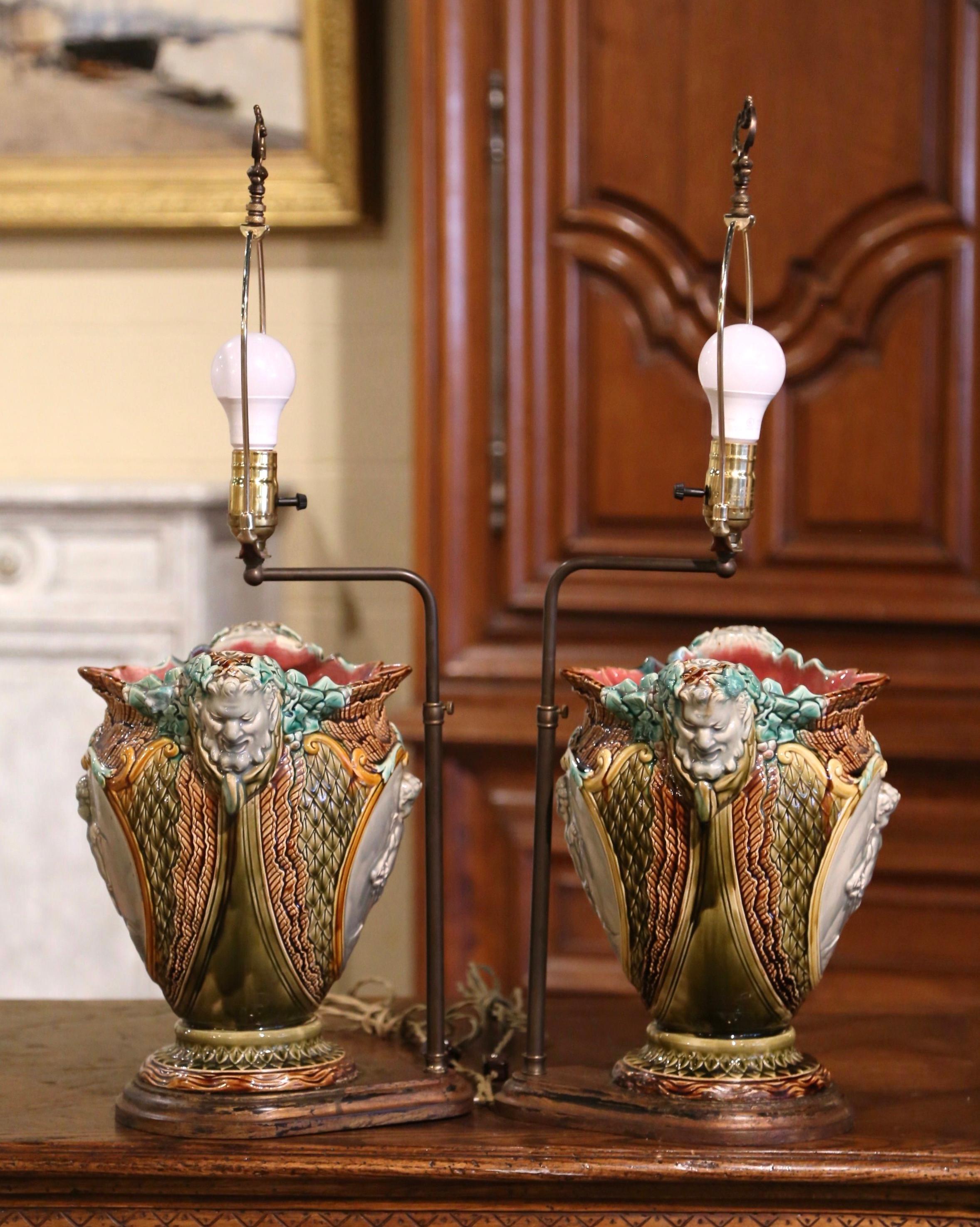 Pair of 19th Century French Barbotine Faience Cache Pots Converted into Lamps 4