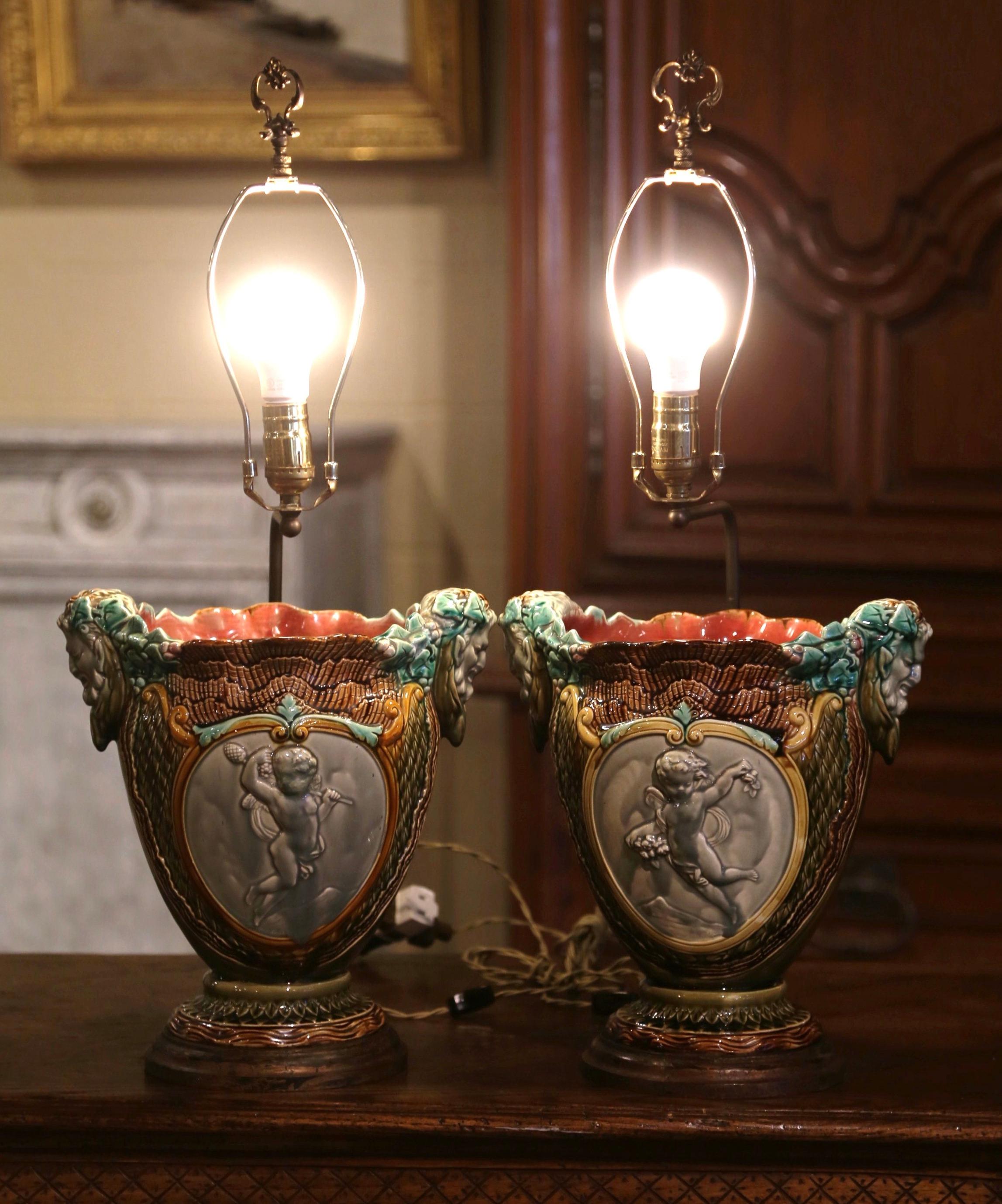 Pair of 19th Century French Barbotine Faience Cache Pots Converted into Lamps 6