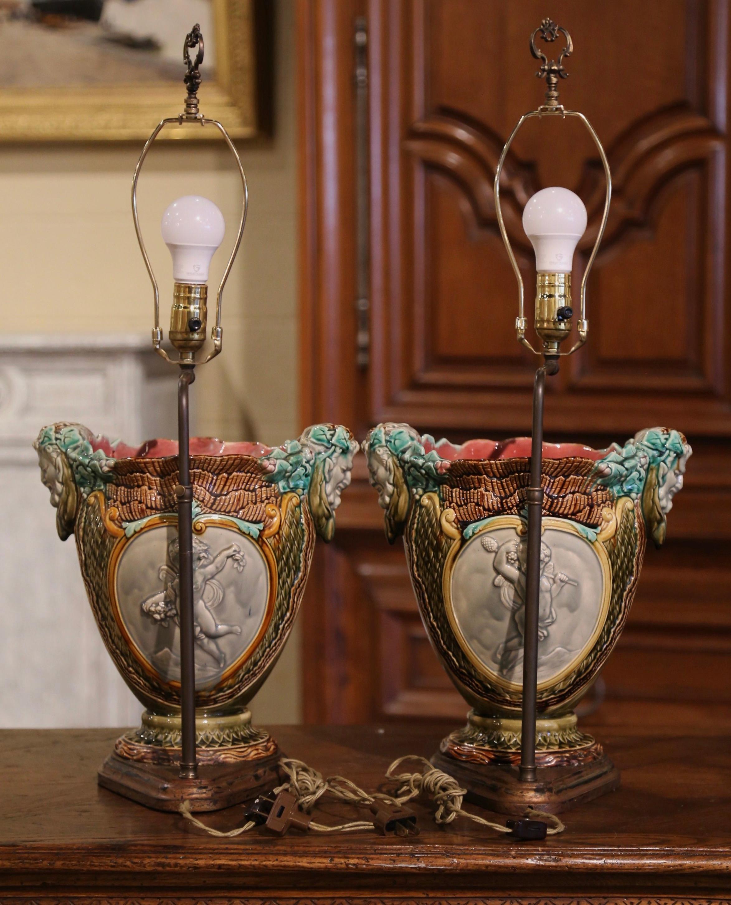Pair of 19th Century French Barbotine Faience Cache Pots Converted into Lamps 7