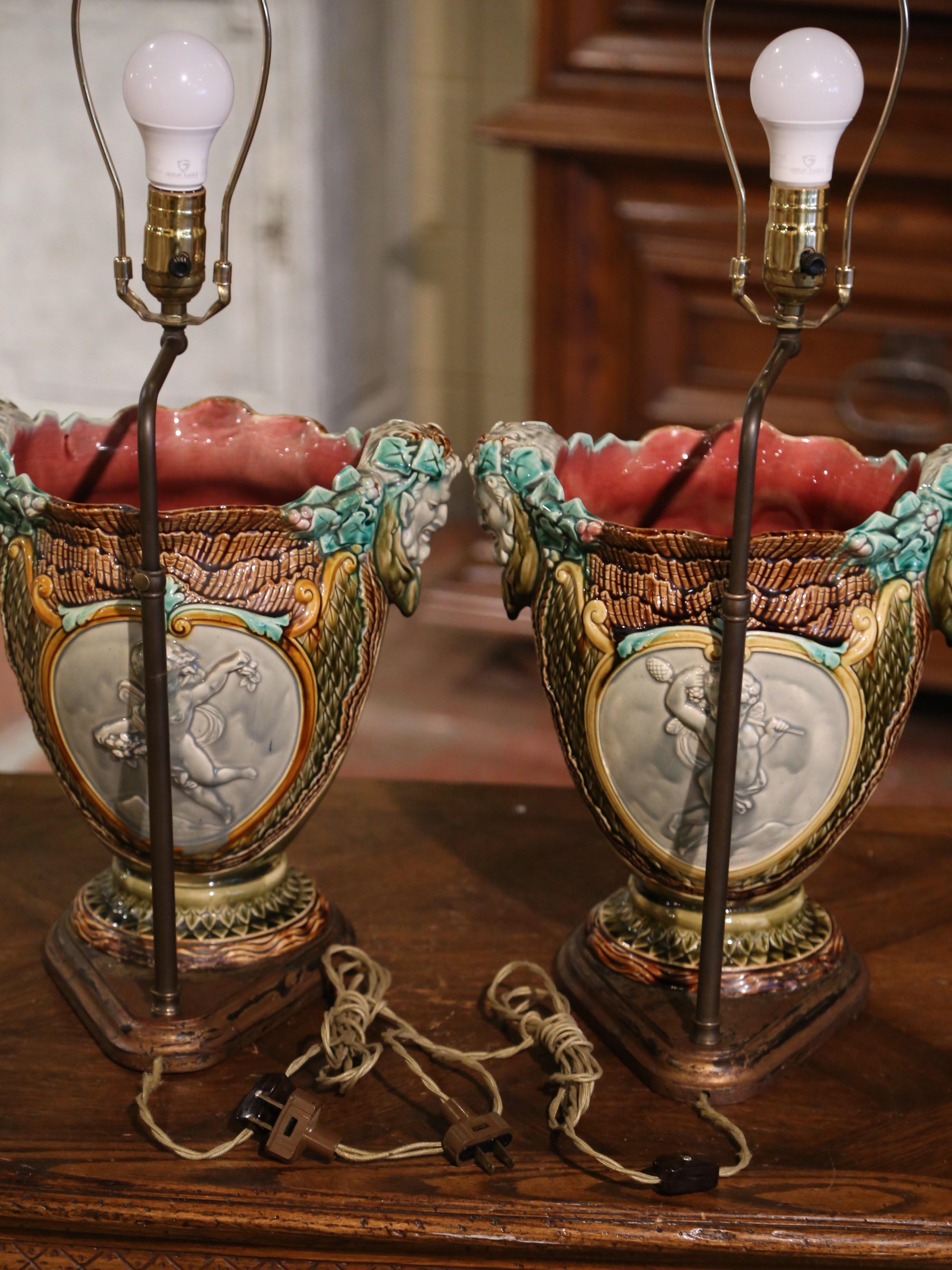 Pair of 19th Century French Barbotine Faience Cache Pots Converted into Lamps 8