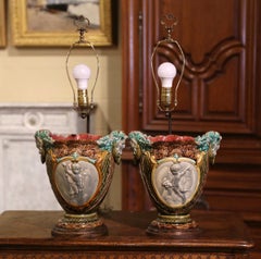 Pair of 19th Century French Barbotine Faience Cache Pots Converted into Lamps