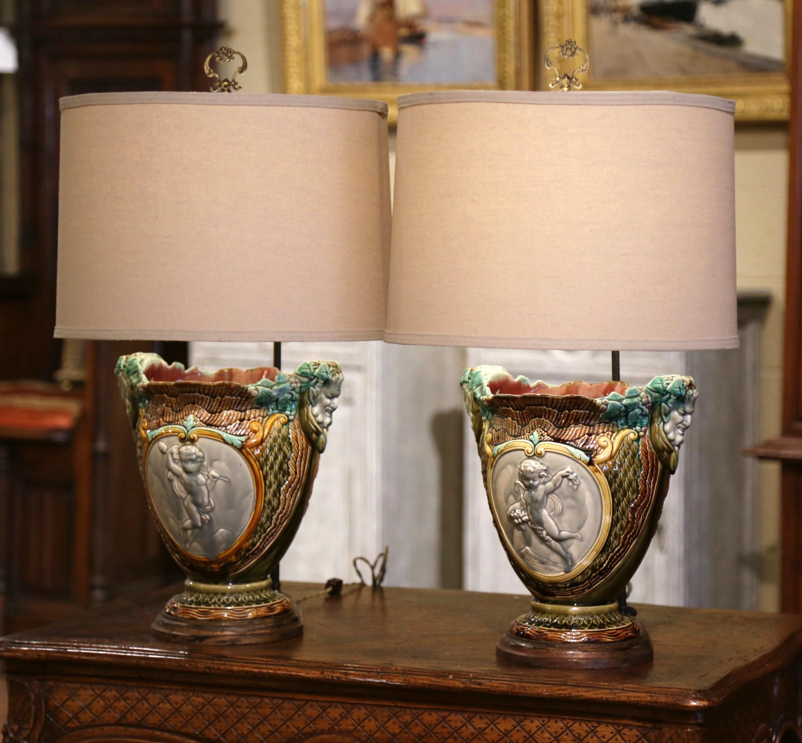 Neoclassical Pair of 19th Century French Barbotine Faience Cache Pots Converted into Lamps