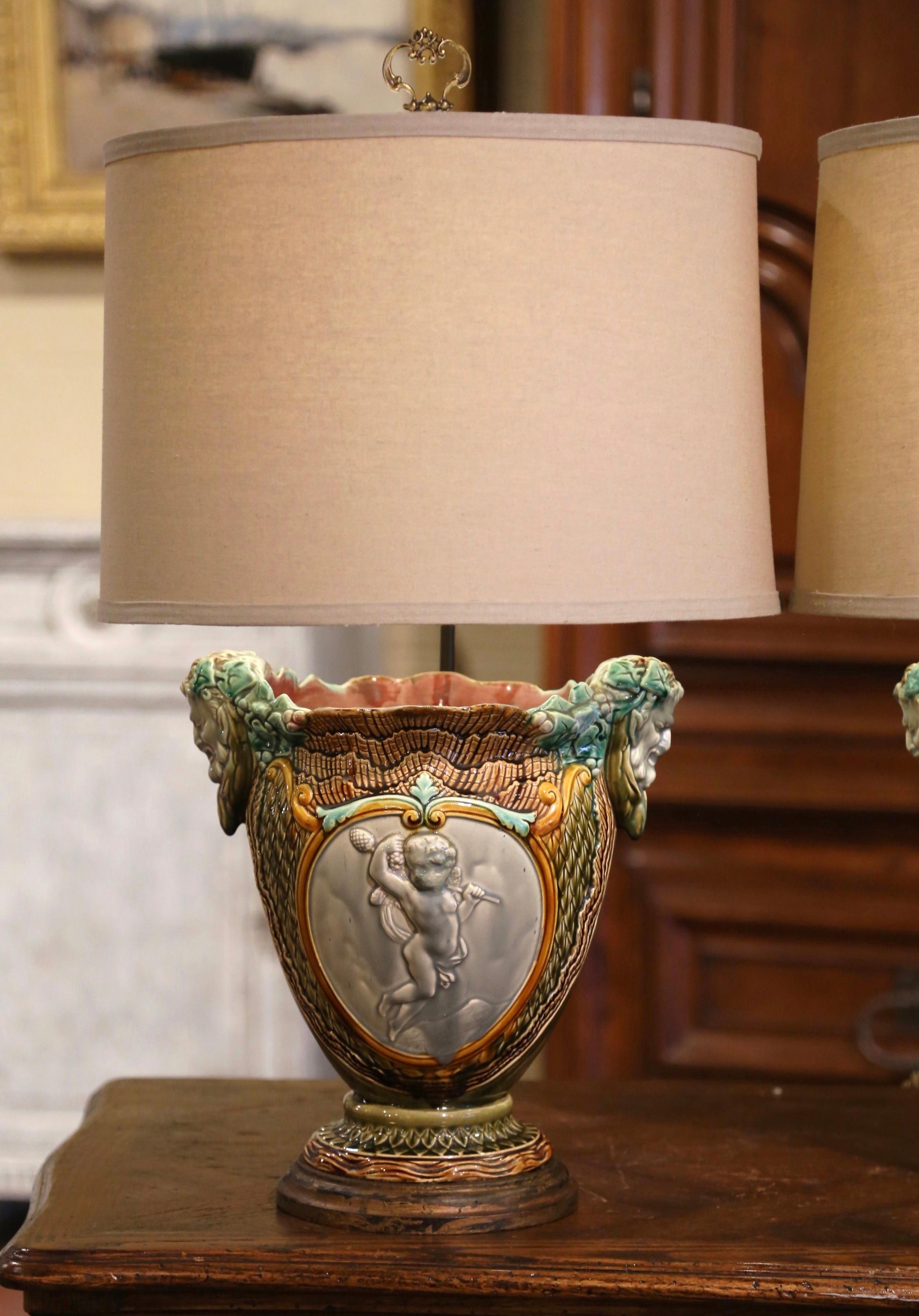 Hand-Crafted Pair of 19th Century French Barbotine Faience Cache Pots Converted into Lamps