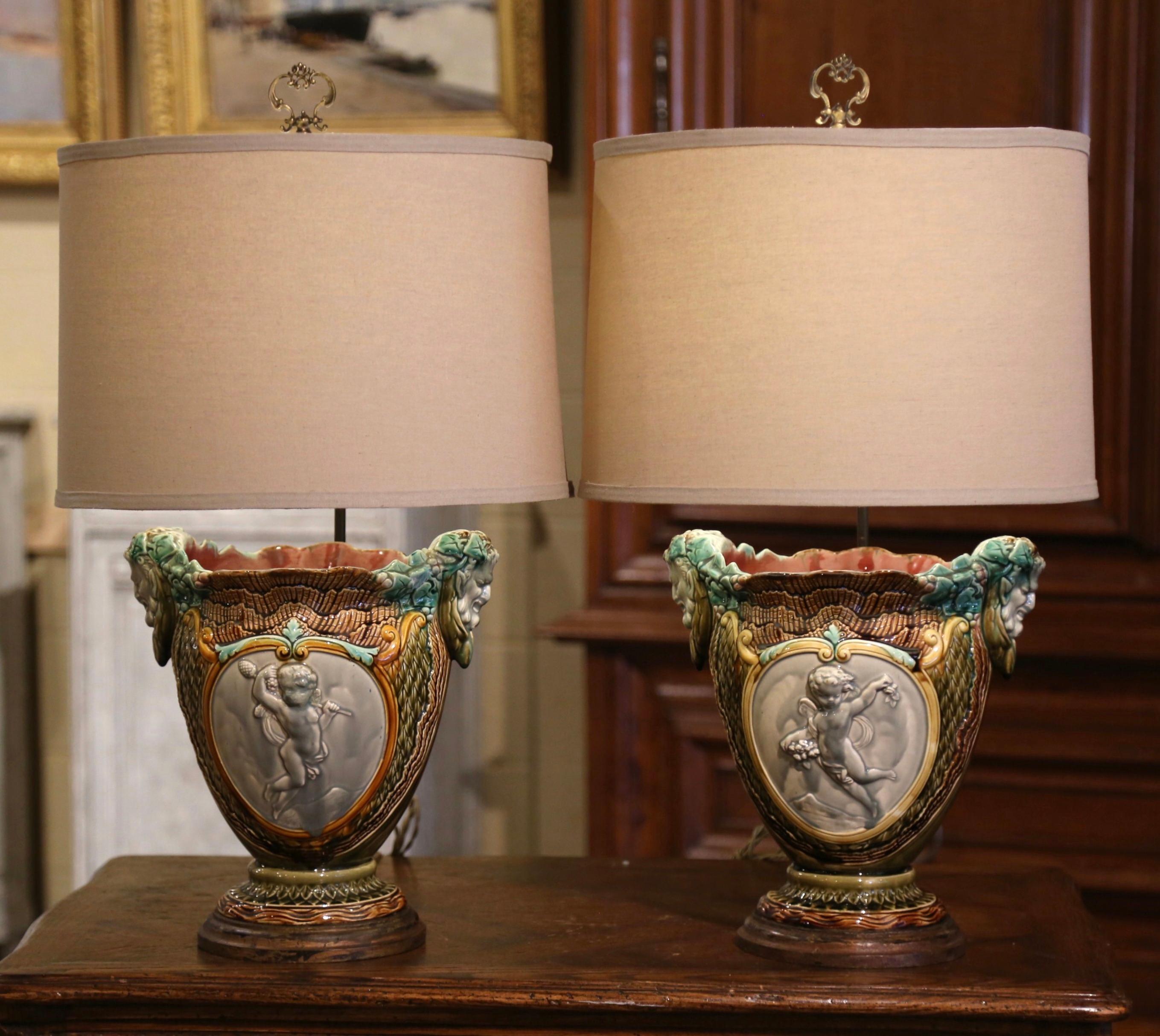 Ceramic Pair of 19th Century French Barbotine Faience Cache Pots Converted into Lamps