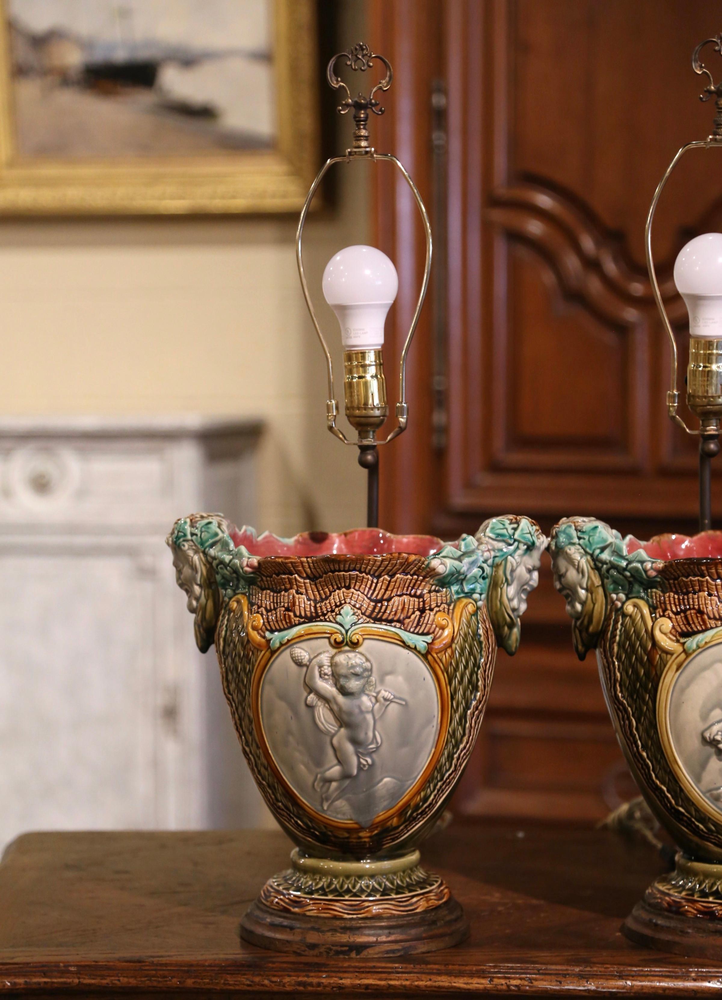 Pair of 19th Century French Barbotine Faience Cache Pots Converted into Lamps 1