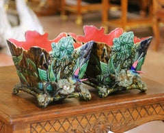 Pair of 19th Century French Barbotine Majolica Jardinières with Bird and Foliage