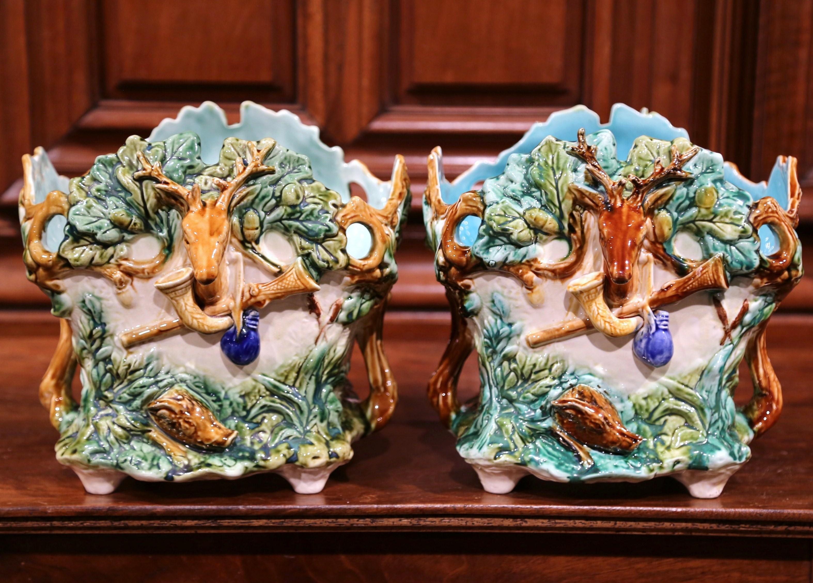 Ceramic Pair of 19th Century French Barbotine Painted Cachepots with Hunt Trophy Motifs