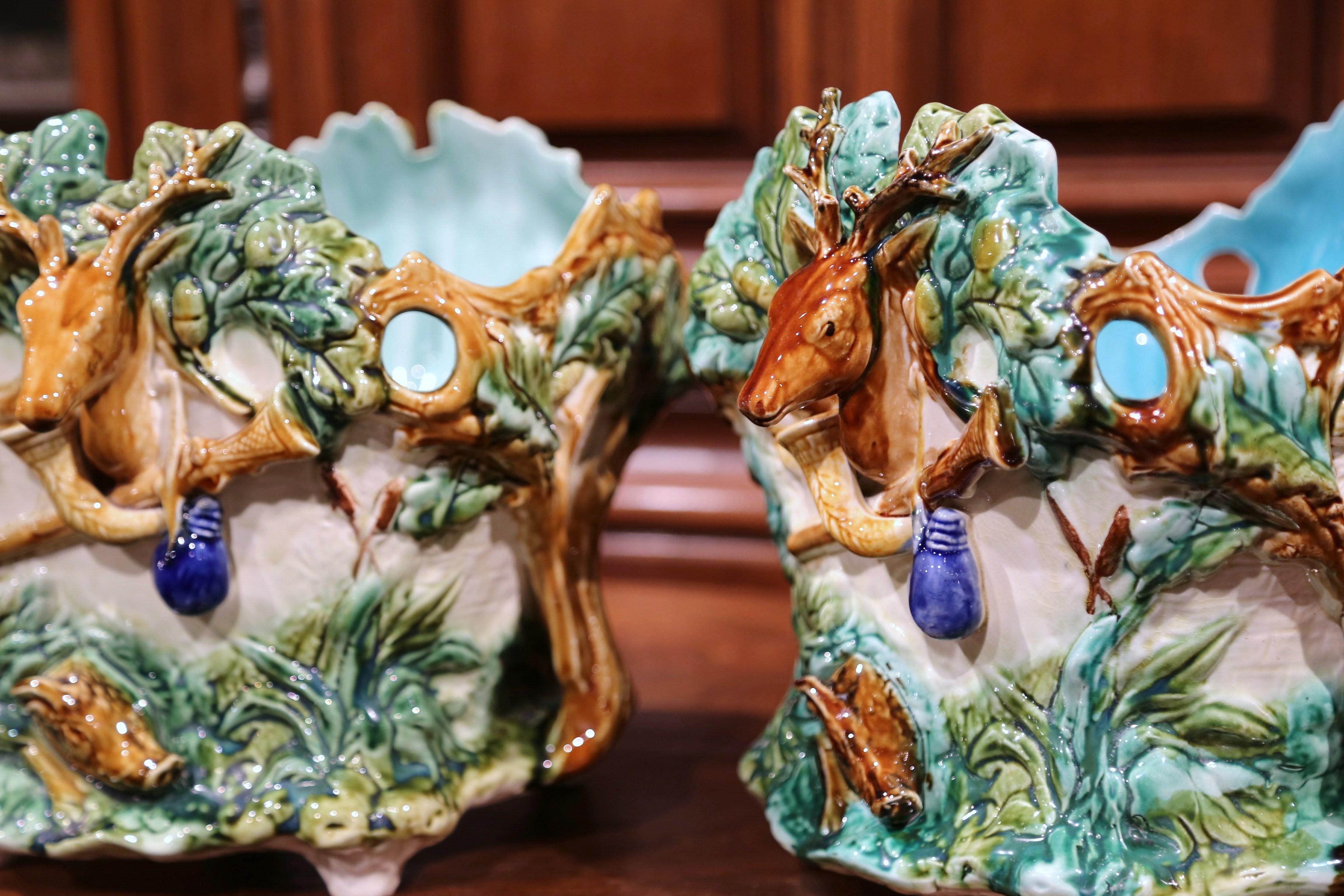 Pair of 19th Century French Barbotine Painted Cachepots with Hunt Trophy Motifs 1