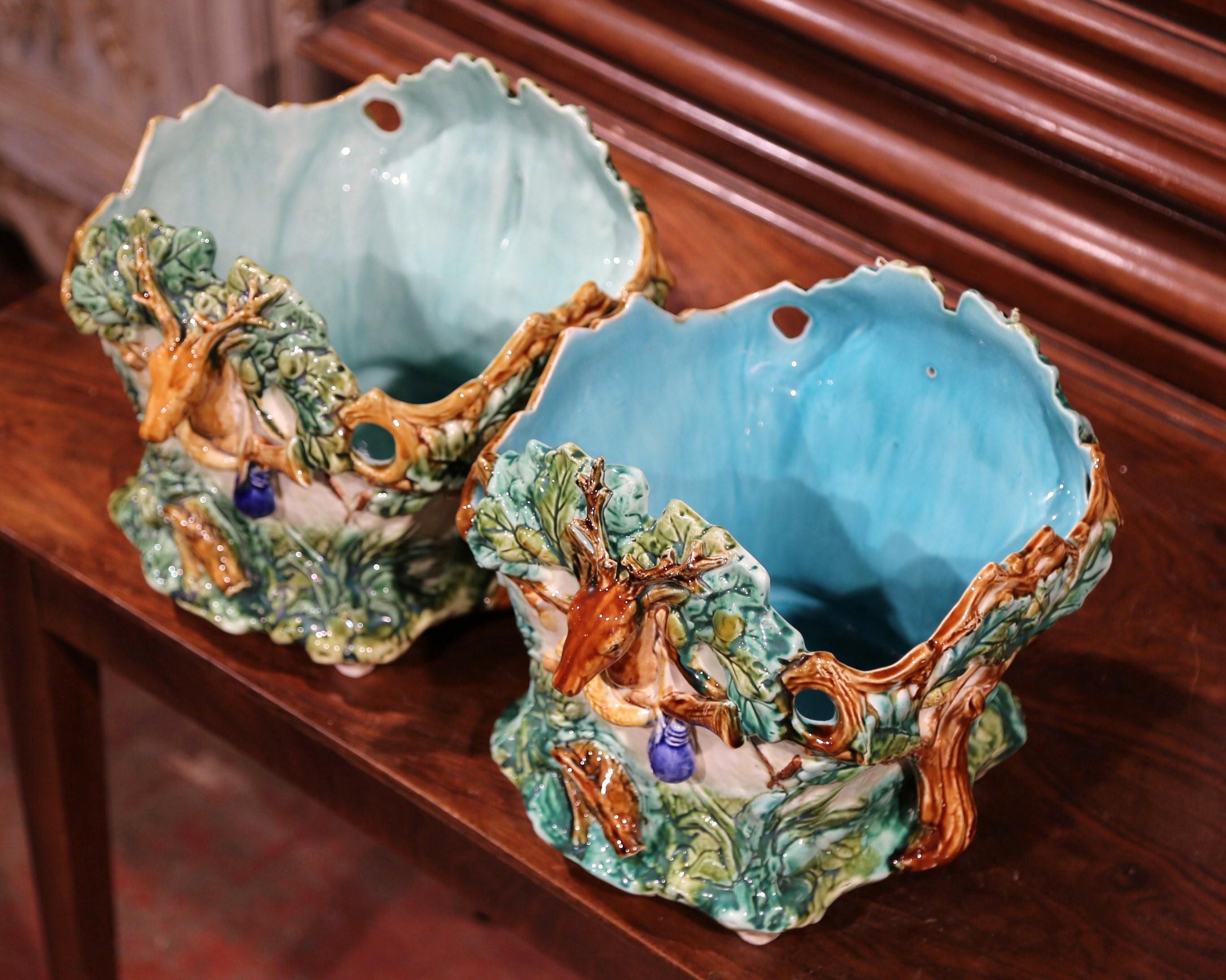 Pair of 19th Century French Barbotine Painted Cachepots with Hunt Trophy Motifs 2