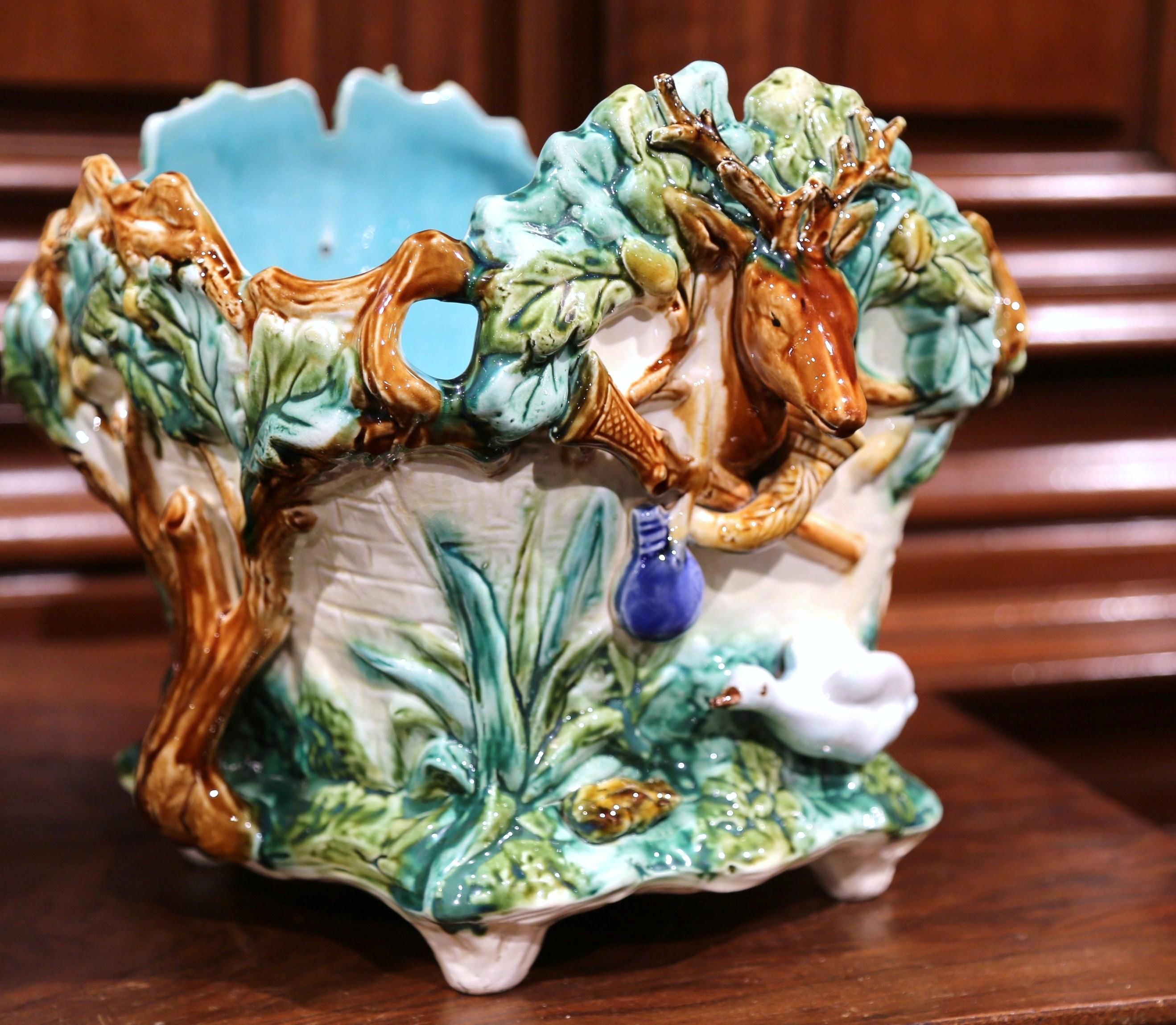Pair of 19th Century French Barbotine Painted Cachepots with Hunt Trophy Motifs 3