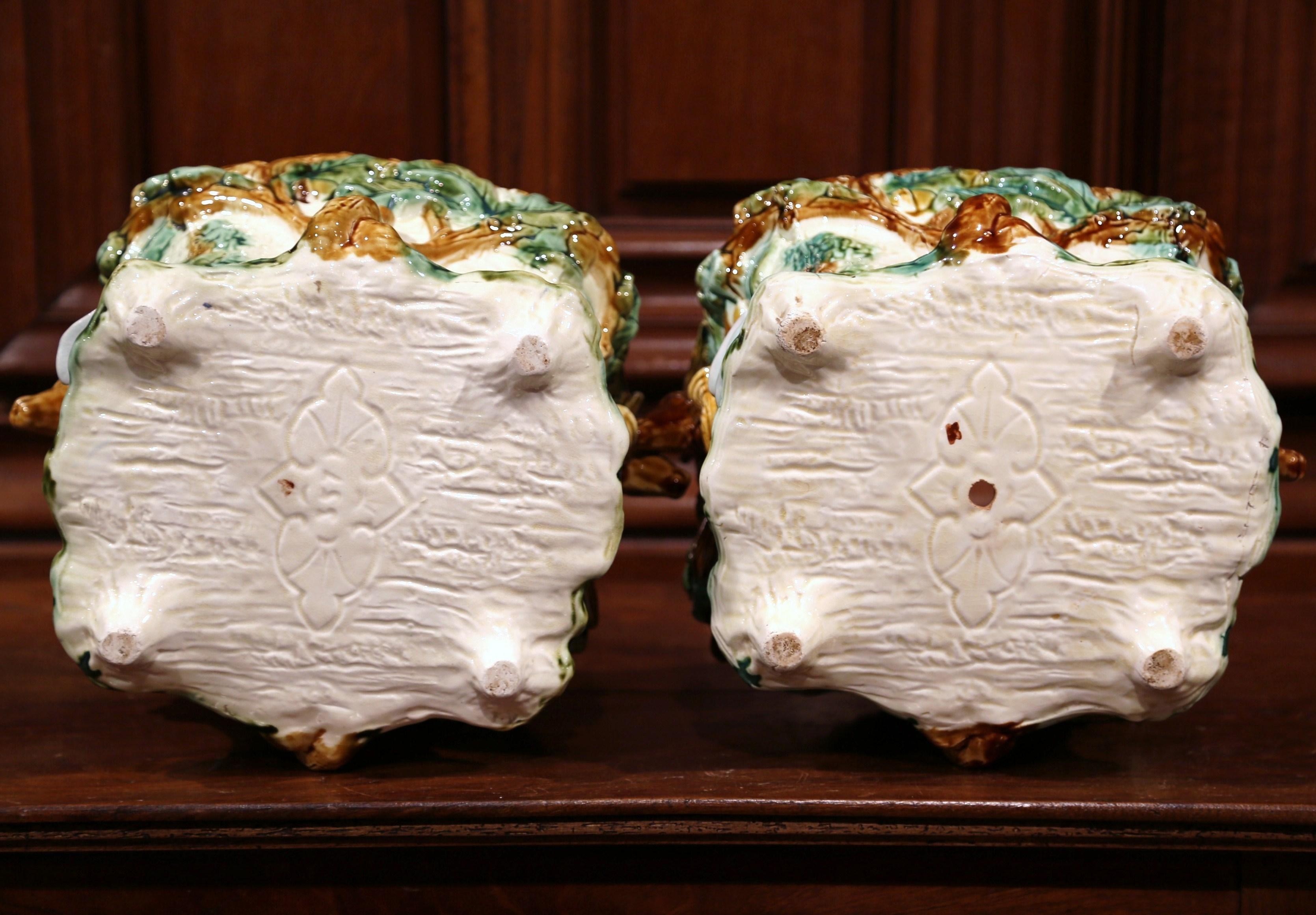 Pair of 19th Century French Barbotine Painted Cachepots with Hunt Trophy Motifs 4