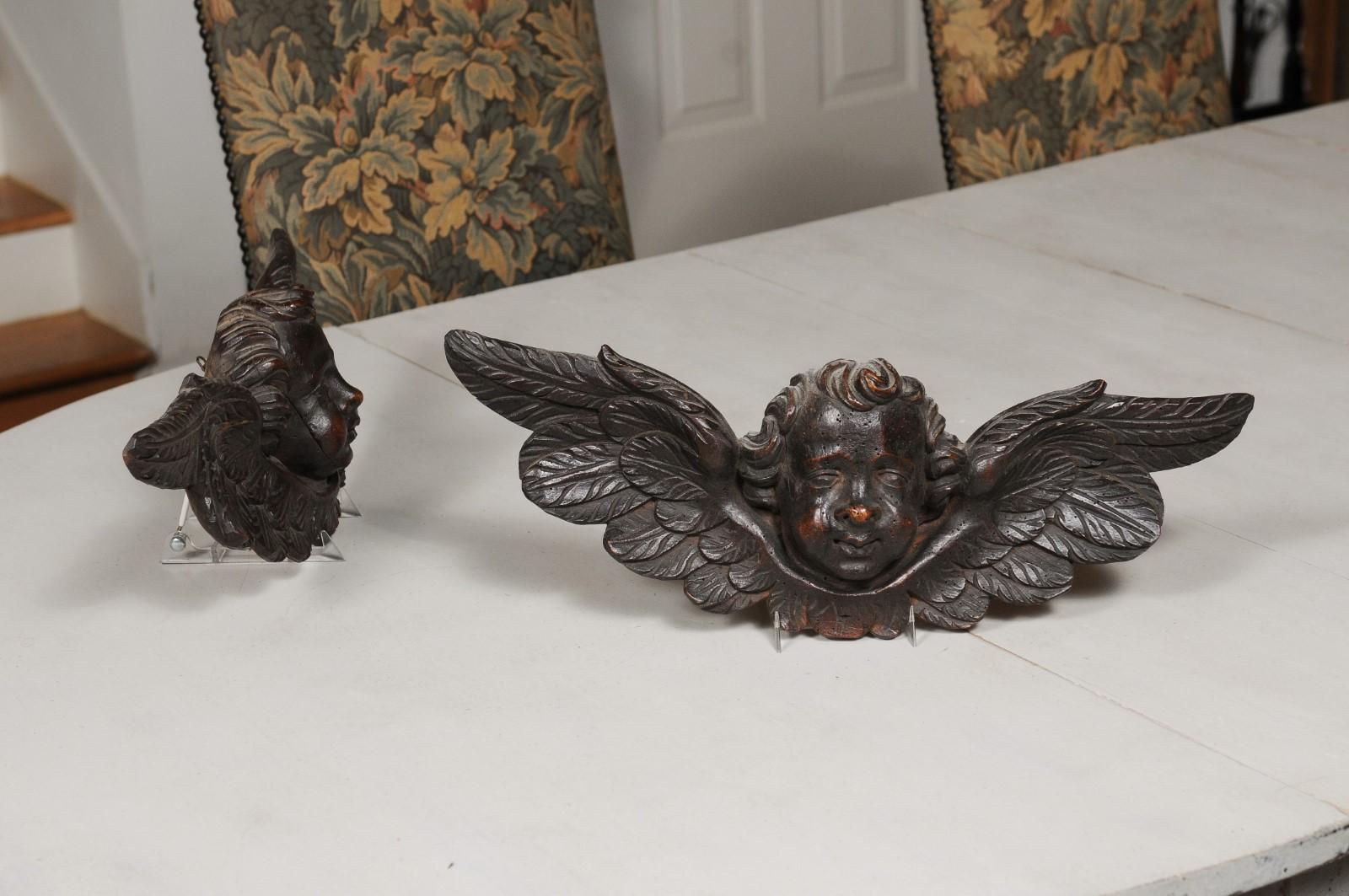 Pair of 19th Century French Baroque Style Carved Wooden Angels with Brown Patina 6