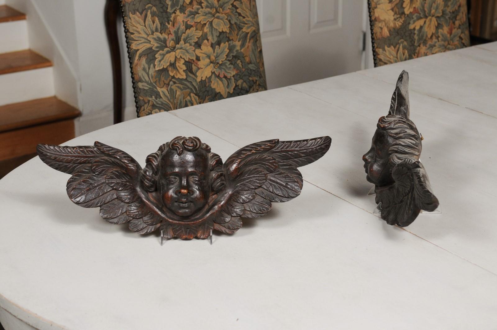 Pair of 19th Century French Baroque Style Carved Wooden Angels with Brown Patina 9