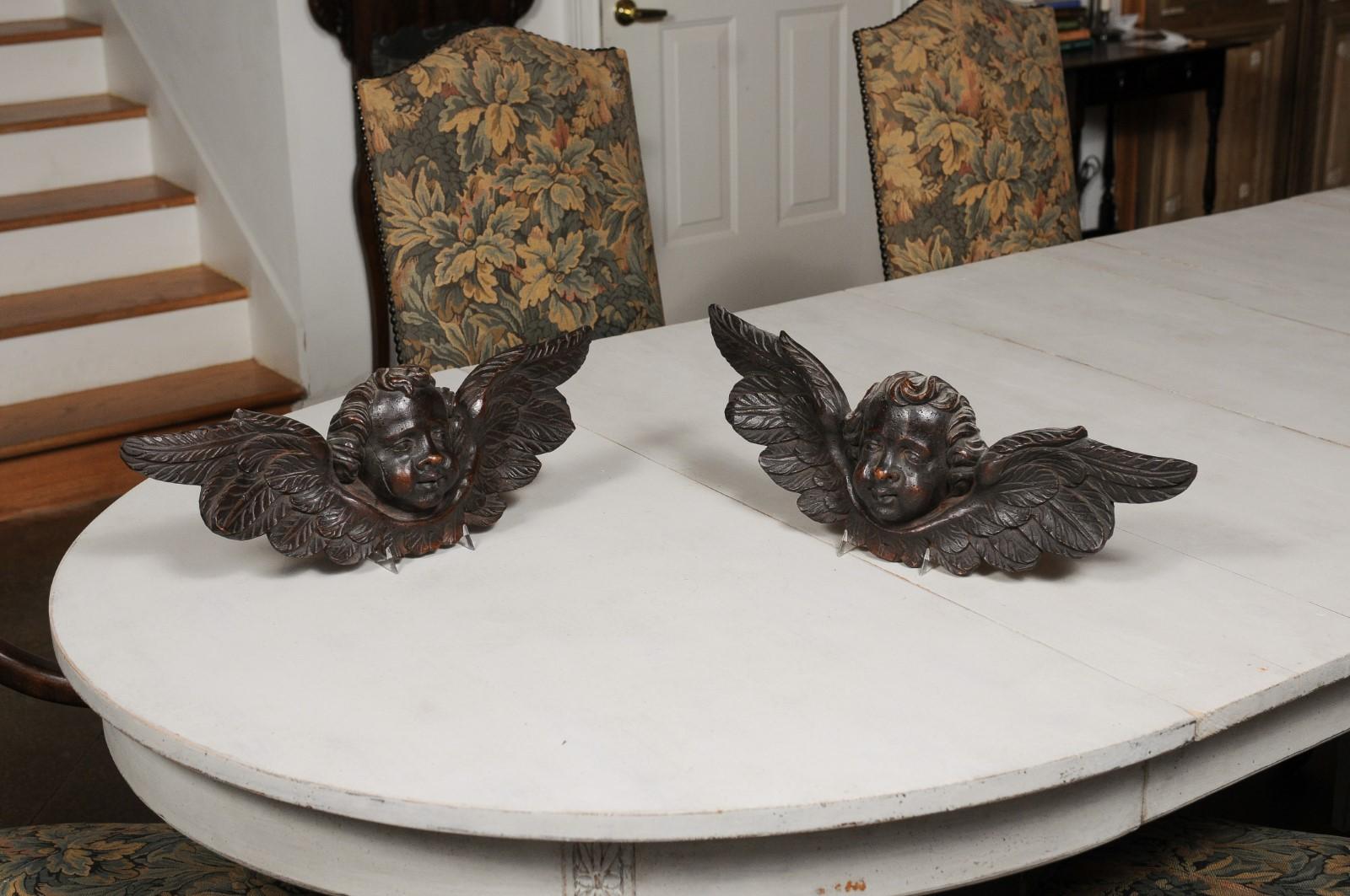 Pair of 19th Century French Baroque Style Carved Wooden Angels with Brown Patina 10