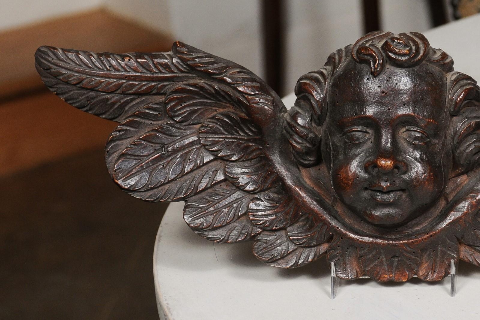 Pair of 19th Century French Baroque Style Carved Wooden Angels with Brown Patina In Good Condition In Atlanta, GA