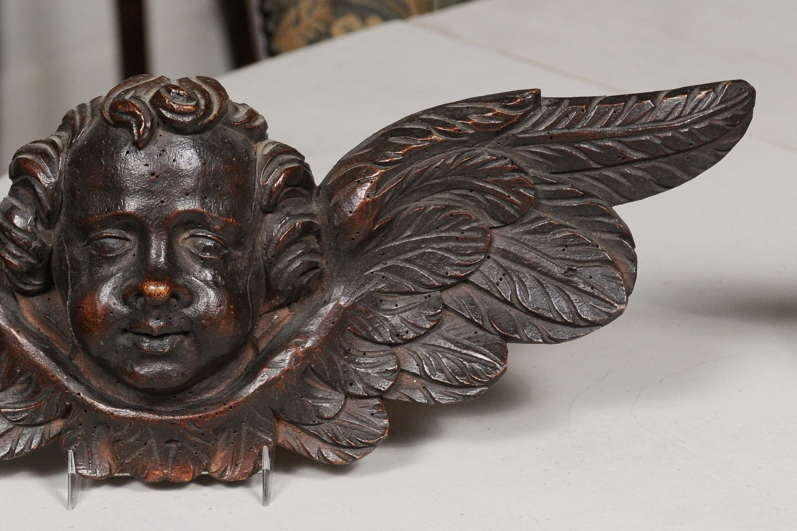 Pair of 19th Century French Baroque Style Carved Wooden Angels with Brown Patina 1