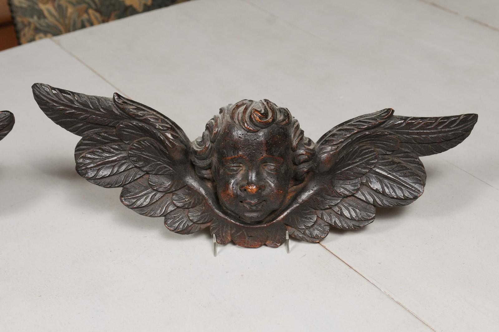 Pair of 19th Century French Baroque Style Carved Wooden Angels with Brown Patina 2