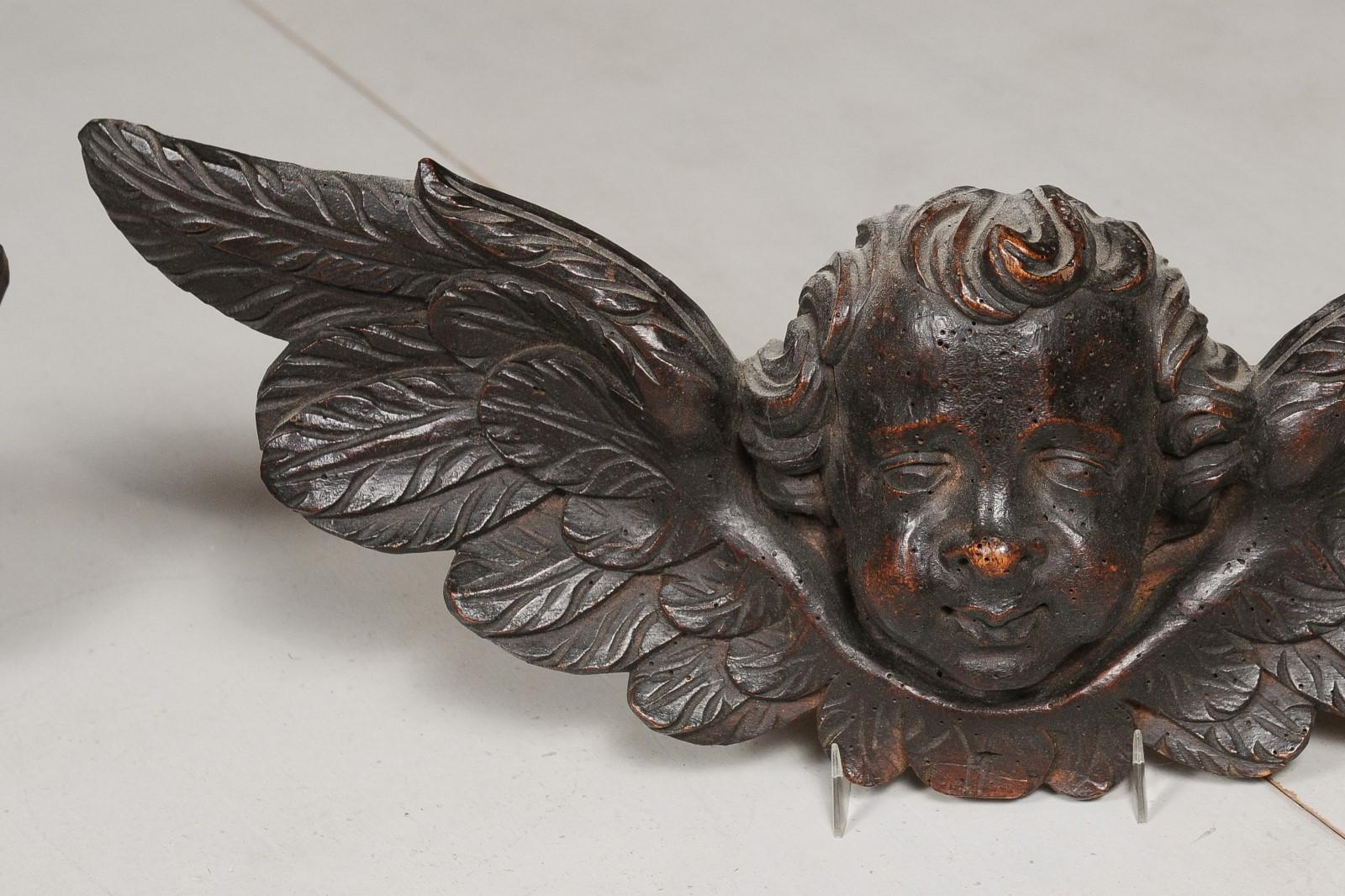 Pair of 19th Century French Baroque Style Carved Wooden Angels with Brown Patina 3